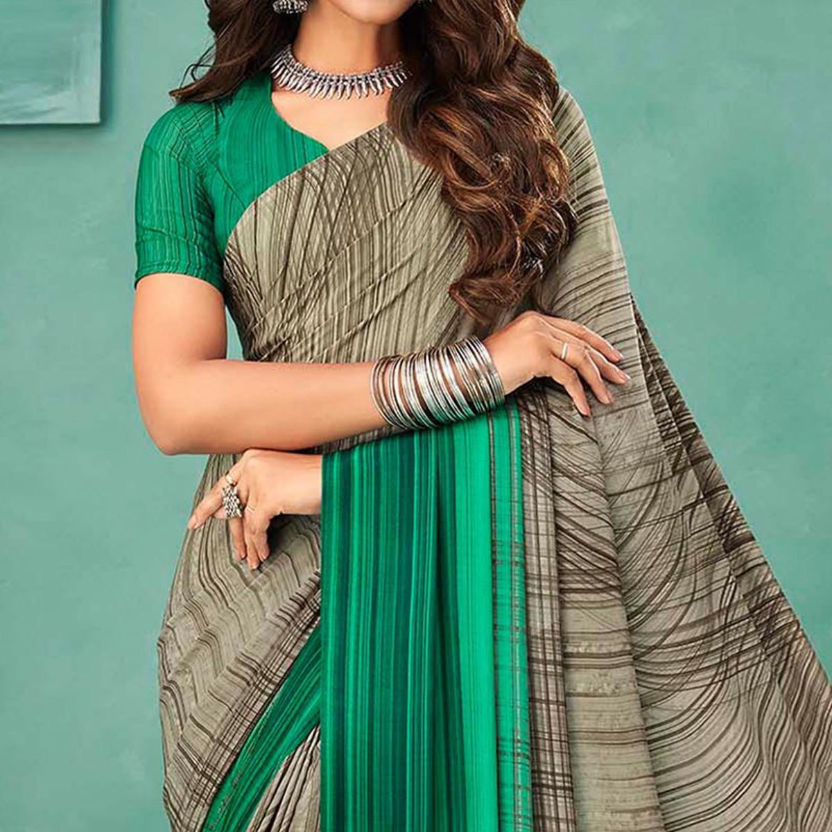 Grey & Green Printed Crepe Saree - Peachmode