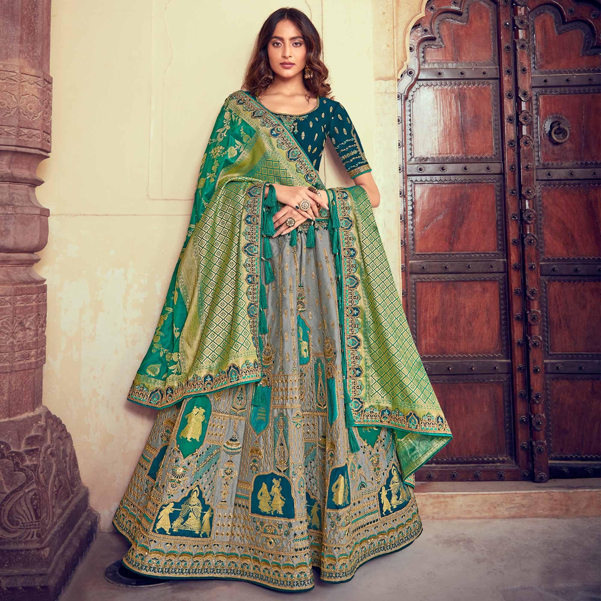 Grey & Green Wedding Wear Woven & Embroidered Silk Lehenga Choli - Peachmode