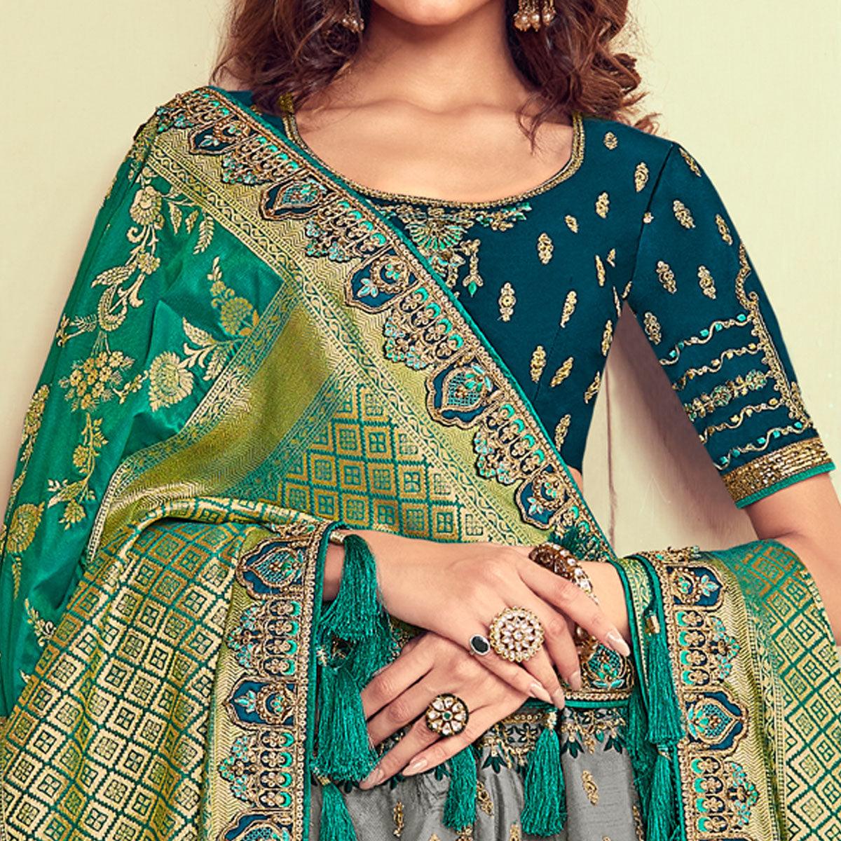 Grey & Green Wedding Wear Woven & Embroidered Silk Lehenga Choli - Peachmode