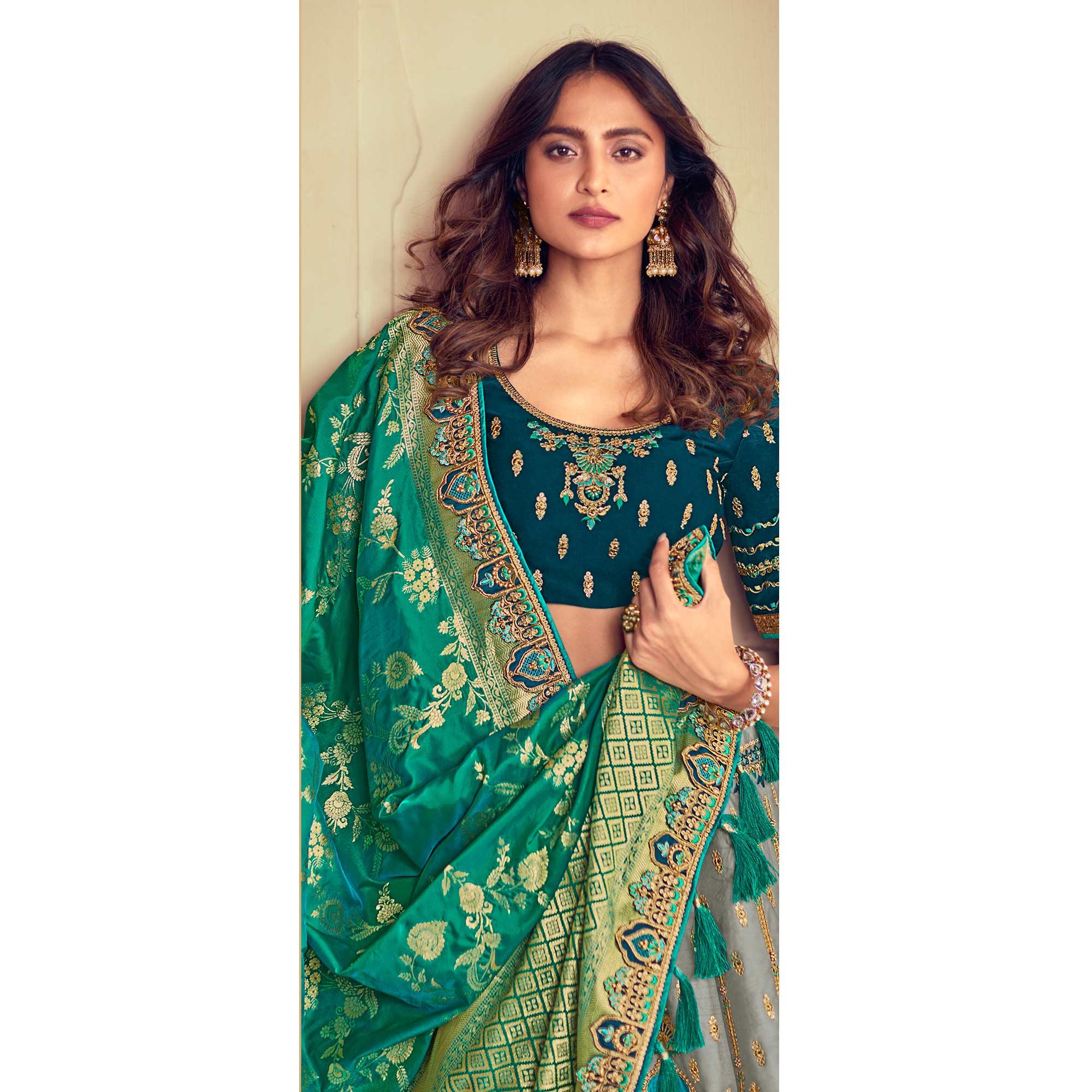 Grey & Green Wedding Wear Woven & Embroidered Silk Lehenga Choli - Peachmode