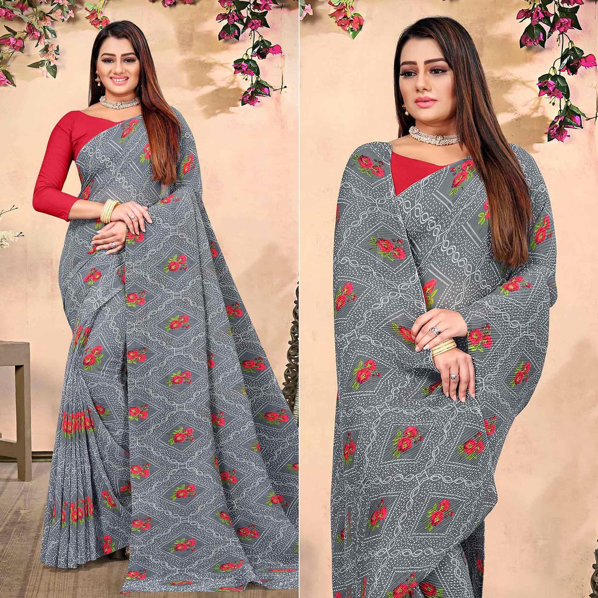 Grey Bandhani Printed Georgette Saree - Peachmode