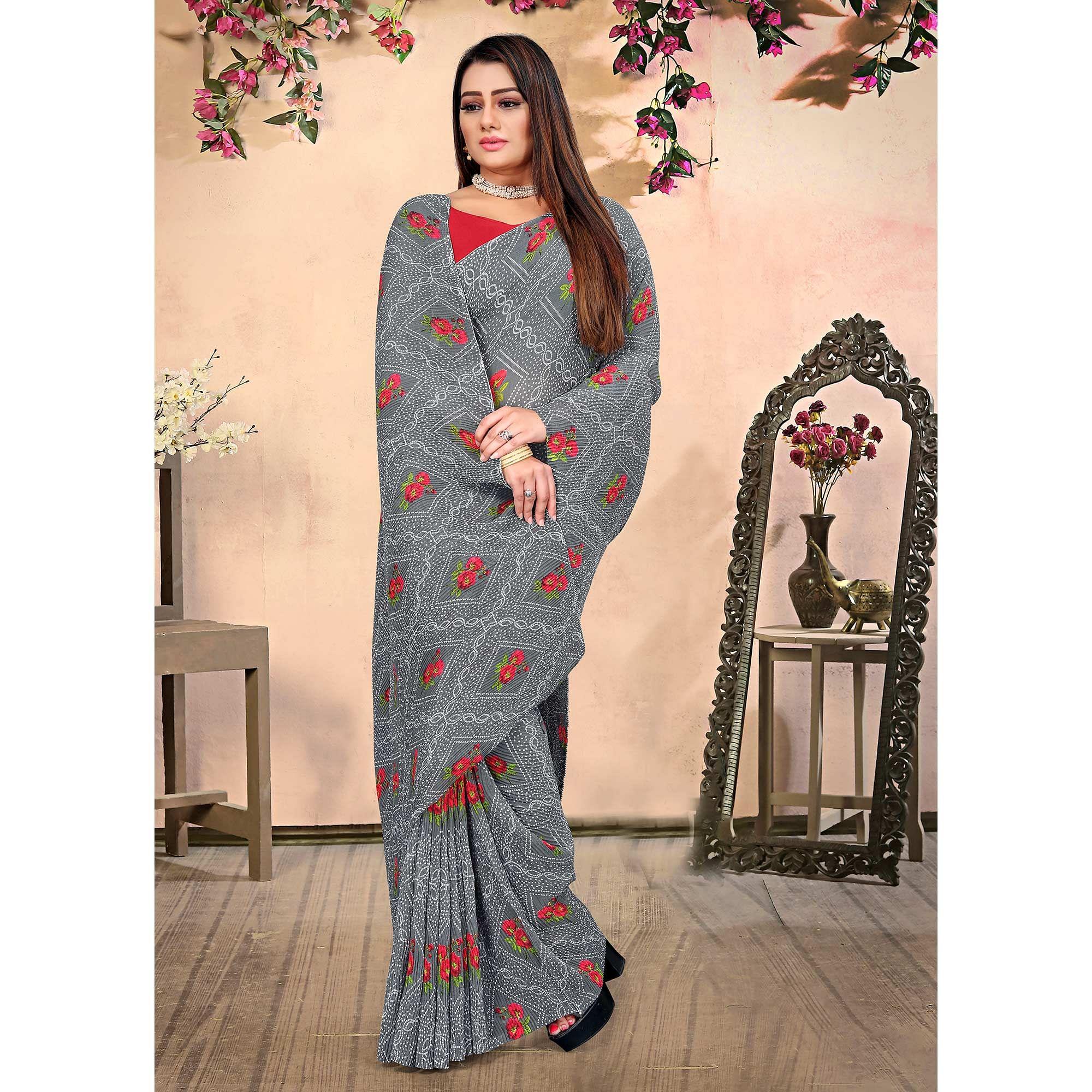 Grey Bandhani Printed Georgette Saree - Peachmode