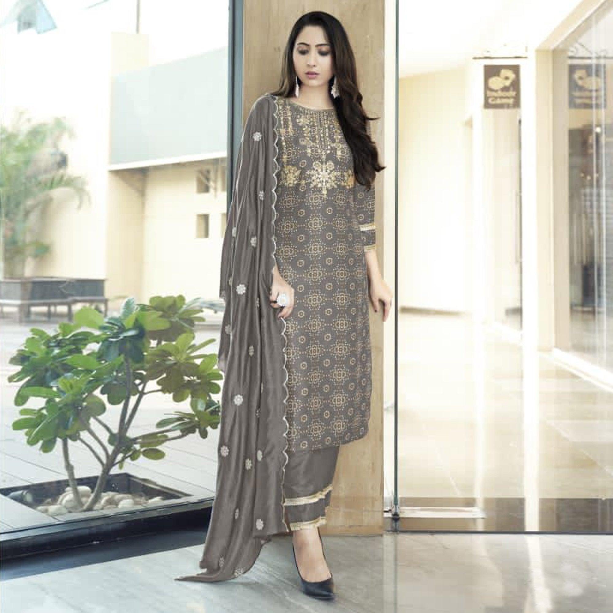 Grey Bandhani Printed With Gota Patti Muslin Salwar Suit - Peachmode