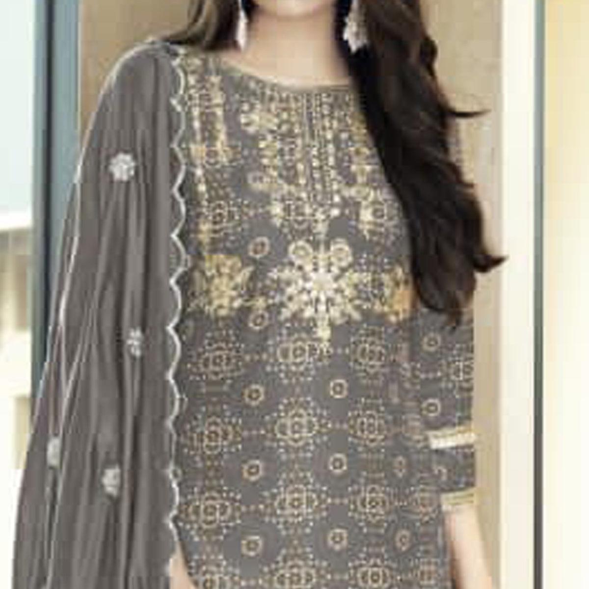 Grey Bandhani Printed With Gota Patti Muslin Salwar Suit - Peachmode
