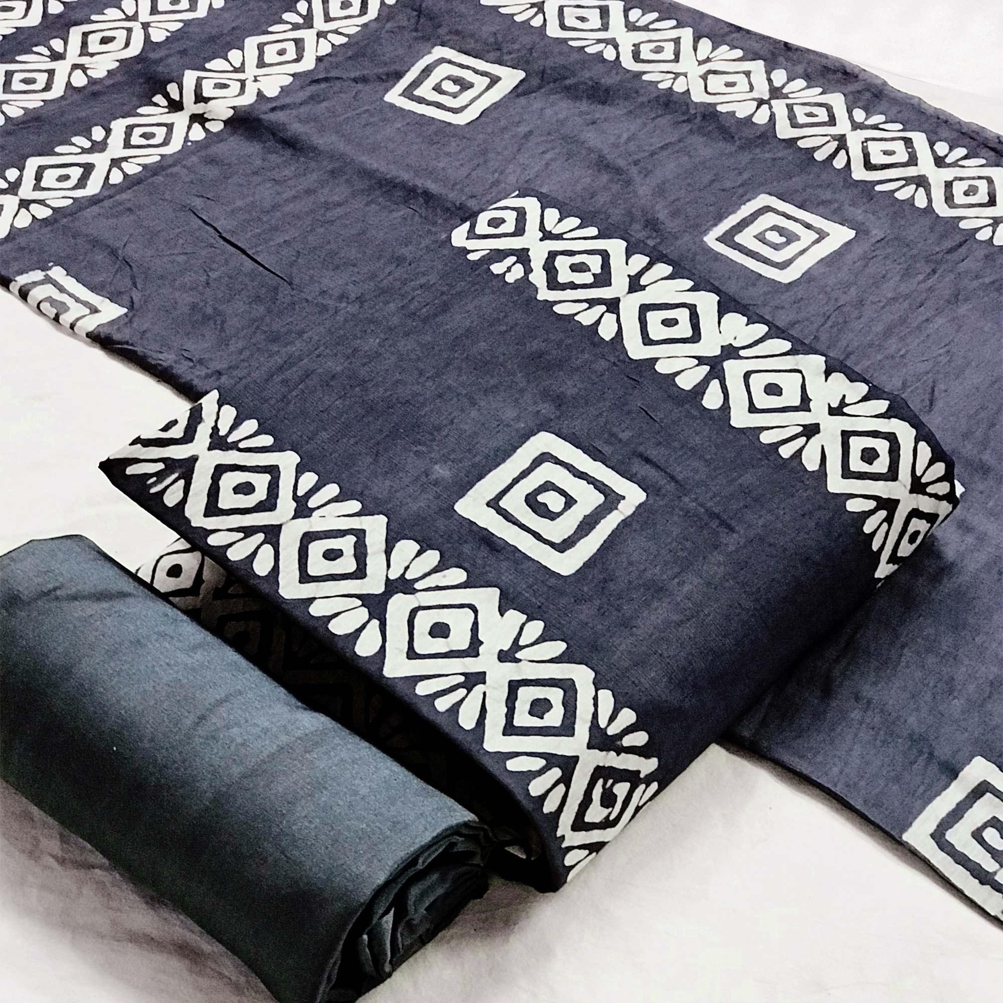 Grey Batik Printed Chanderi Dress Material - Peachmode