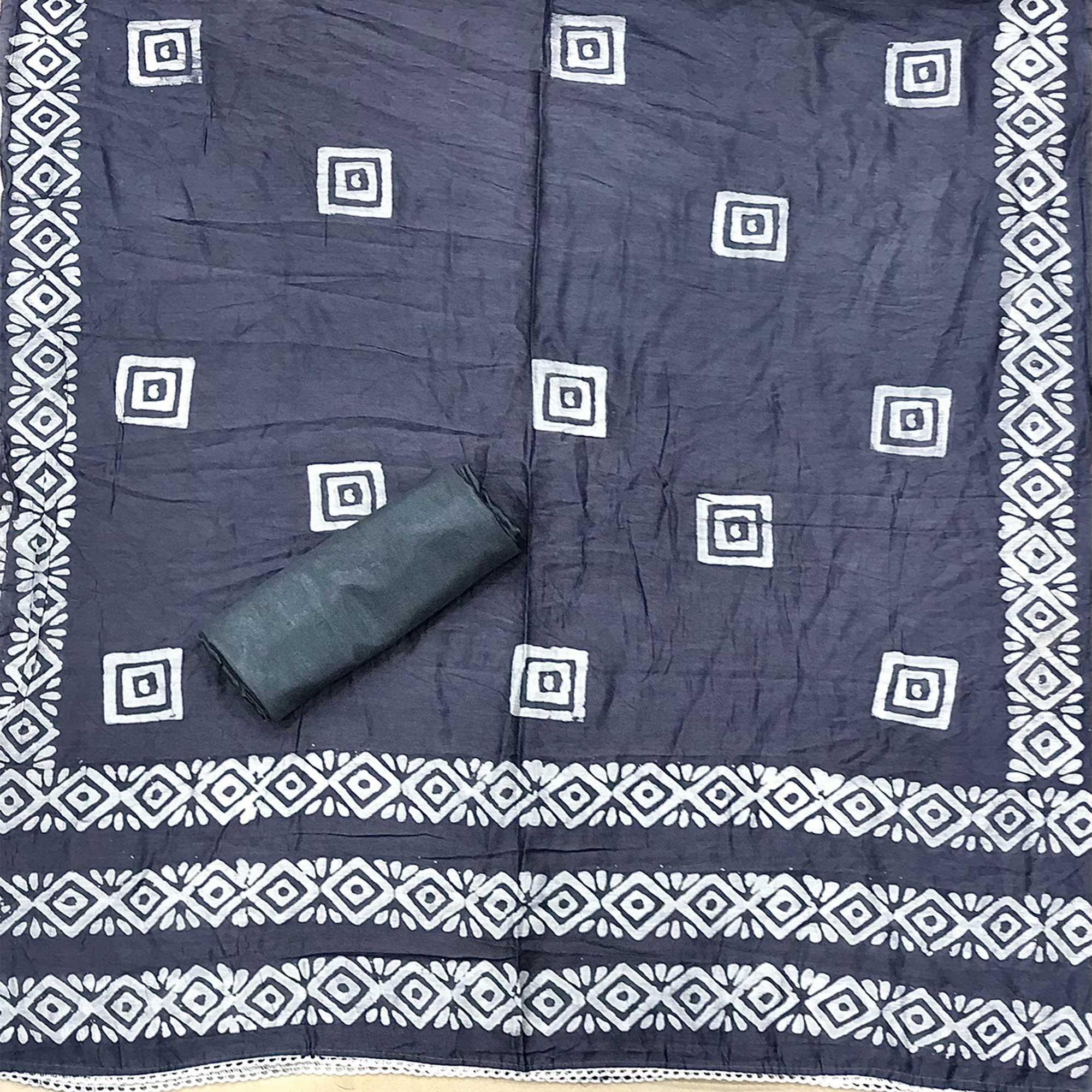 Grey Batik Printed Chanderi Dress Material - Peachmode