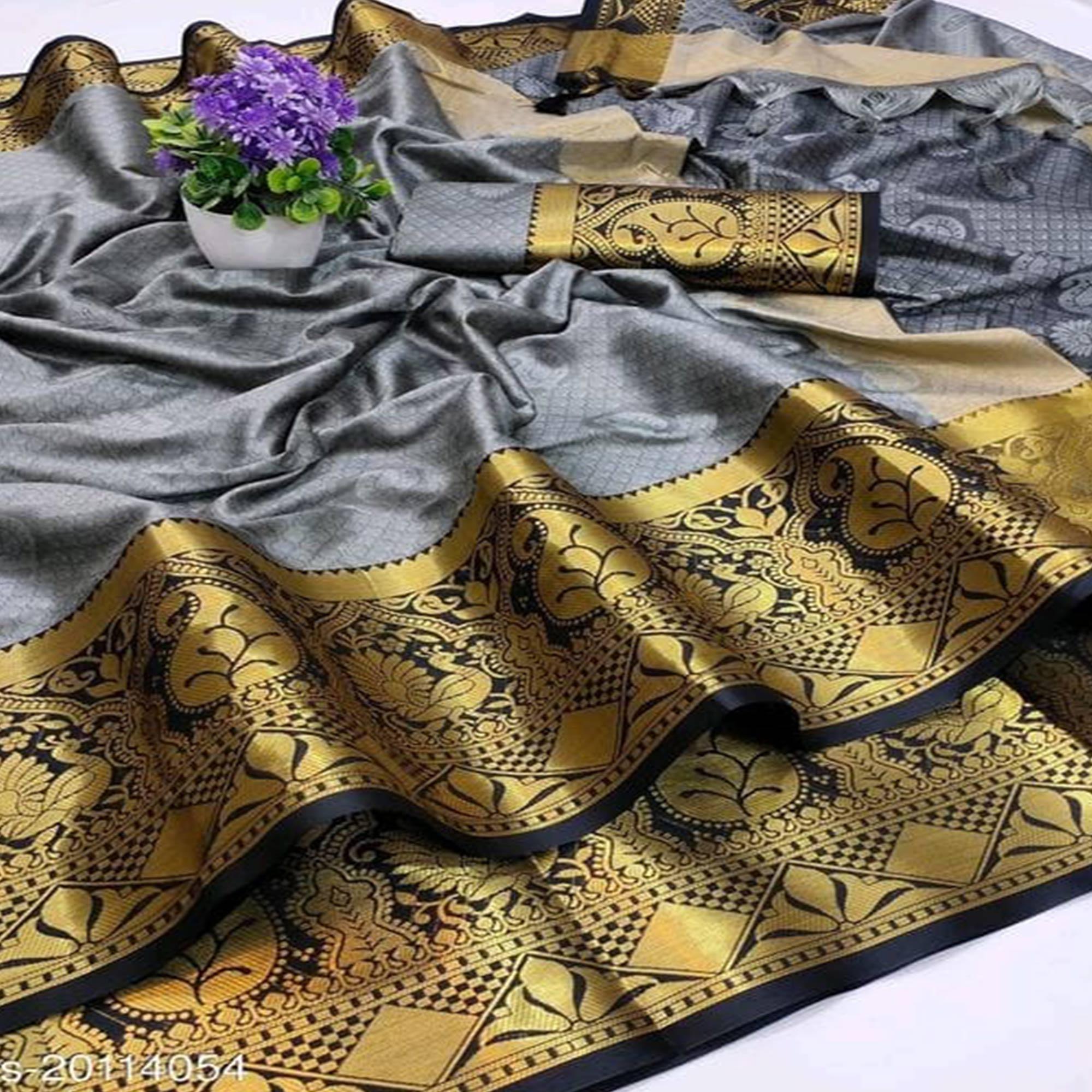 Grey - Black Festive Wear Woven Soft Cotton Saree - Peachmode