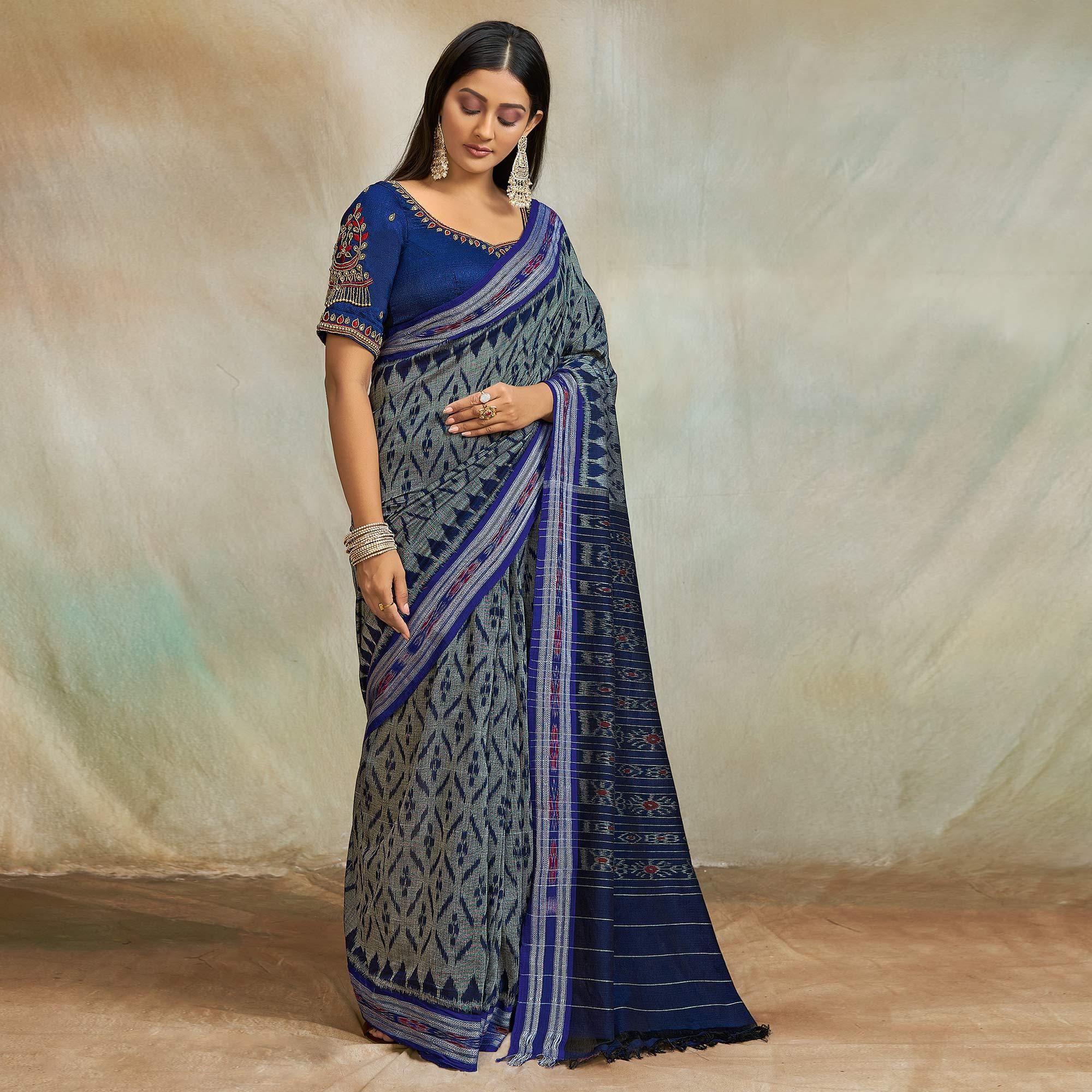 Grey-Blue Casual Wear Ikkat Printed Mul Mul Cotton Saree - Peachmode