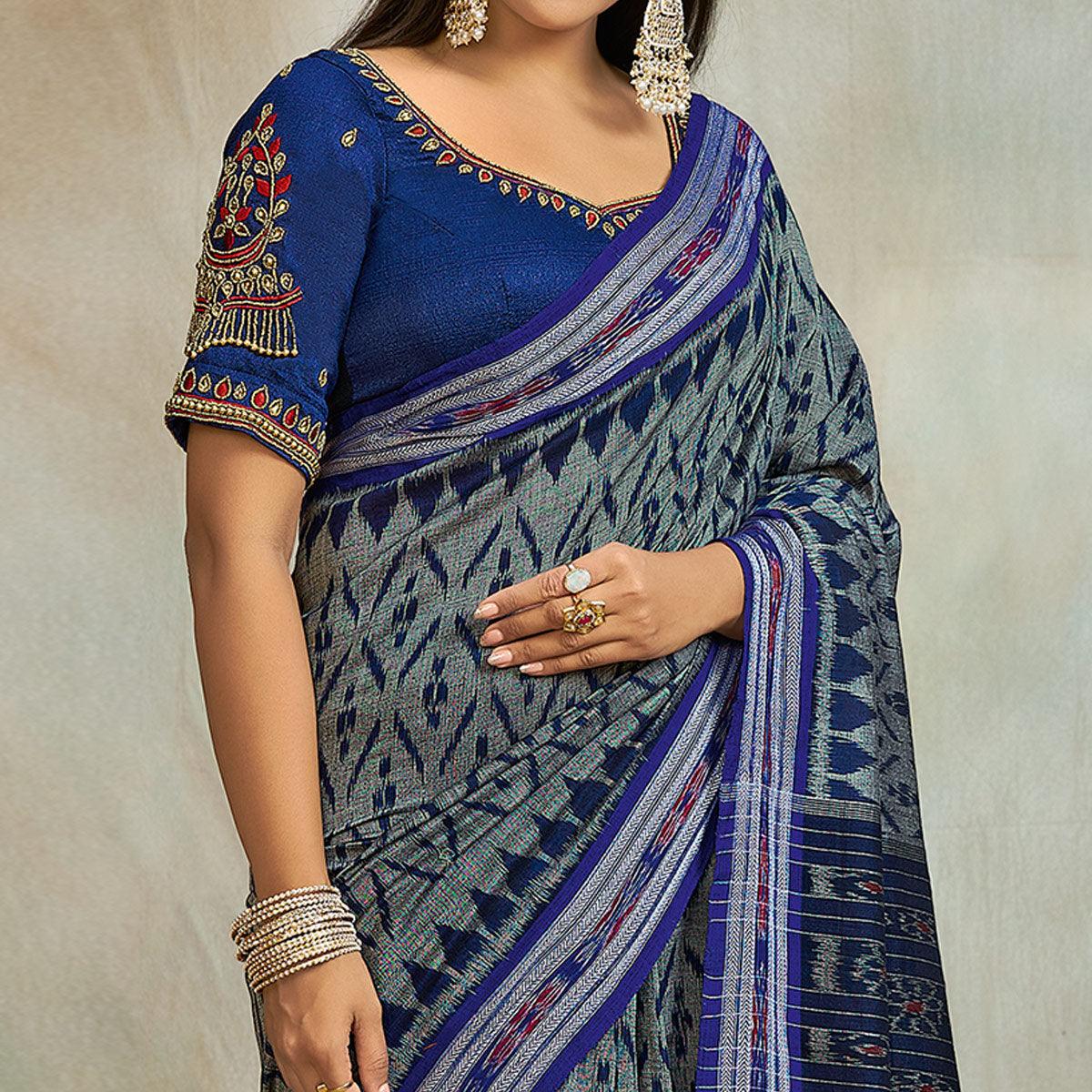 Grey-Blue Casual Wear Ikkat Printed Mul Mul Cotton Saree - Peachmode