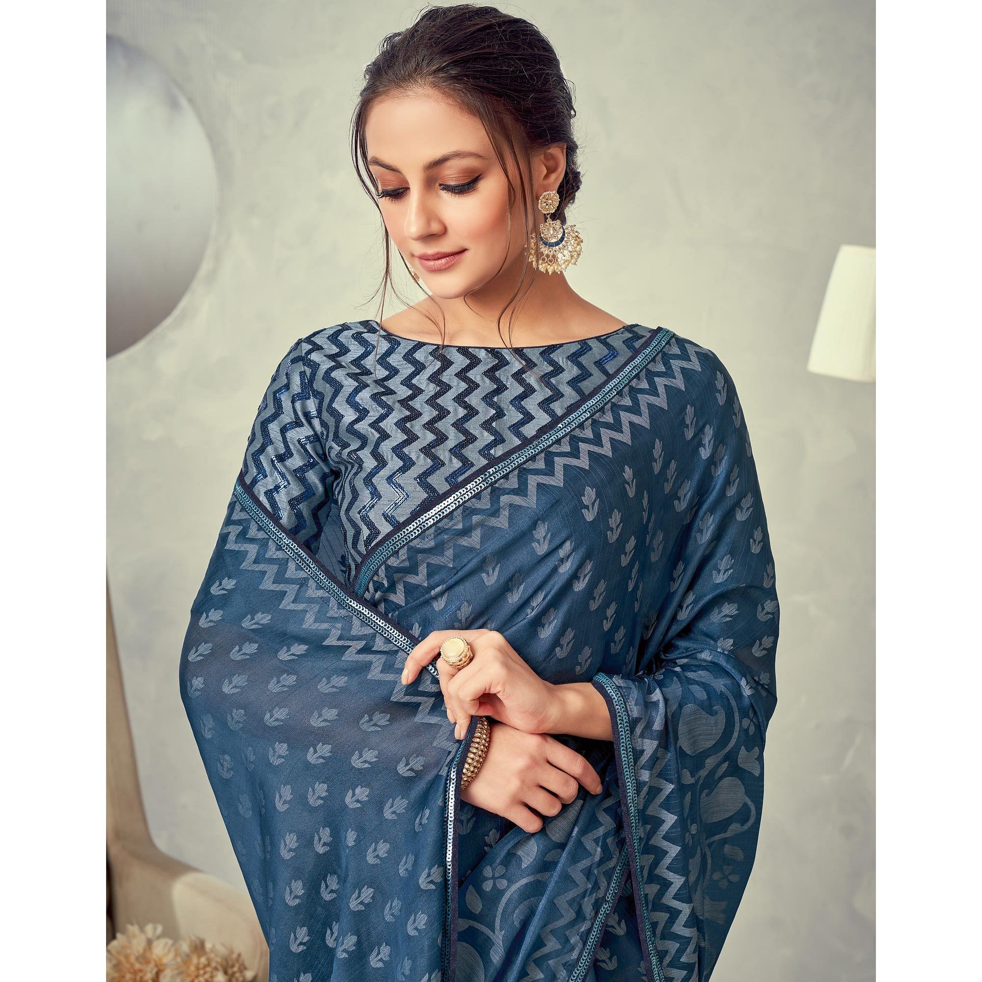 Grey-Blue Festive Wear Print With Lace Border Brasso Silk Saree - Peachmode