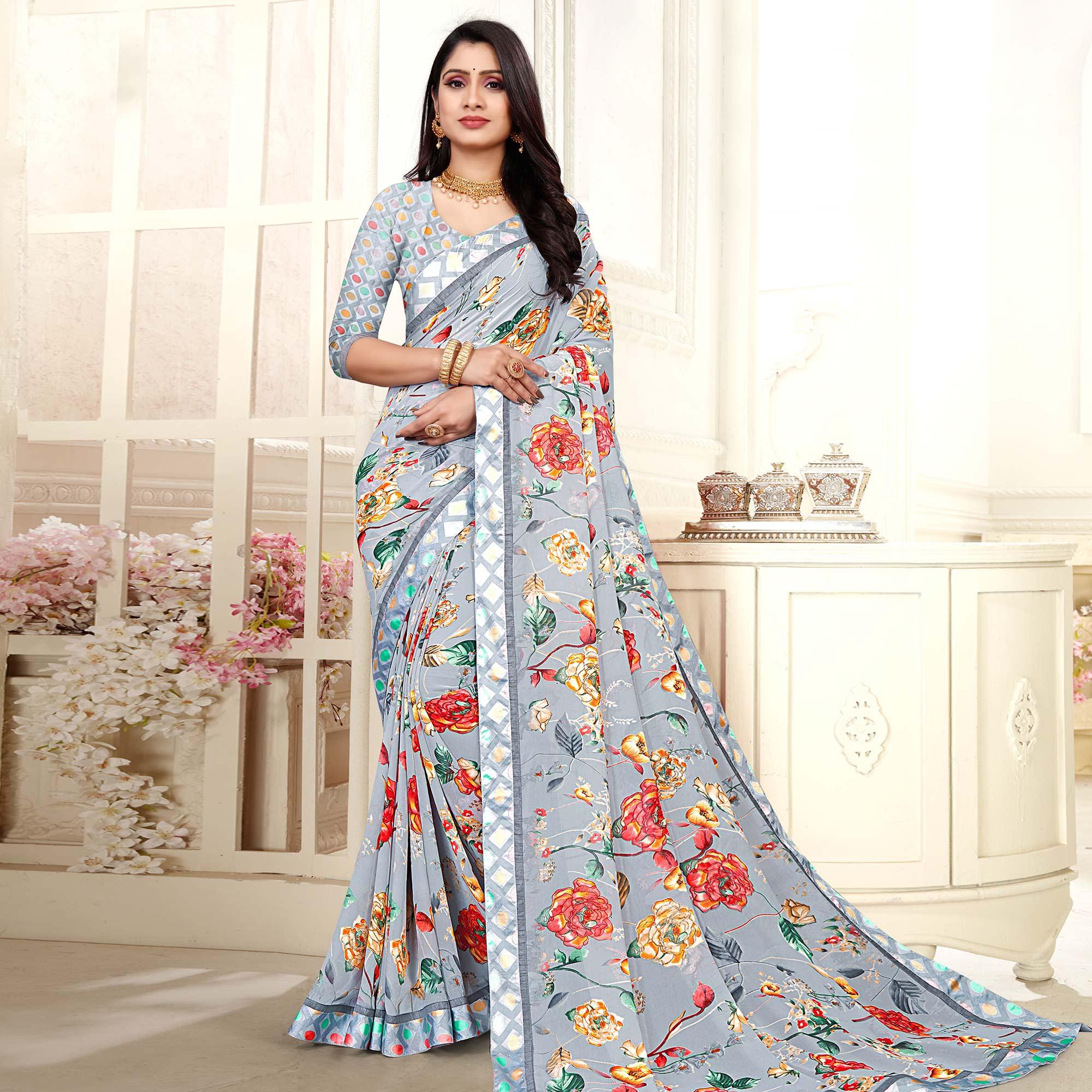 Grey Casaul Wear Floral Printed Georgette Saree With Satin Lace - Peachmode