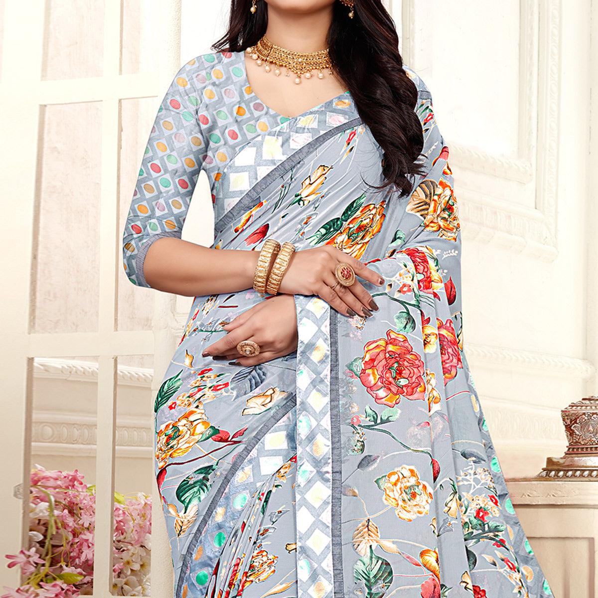 Grey Casaul Wear Floral Printed Georgette Saree With Satin Lace - Peachmode