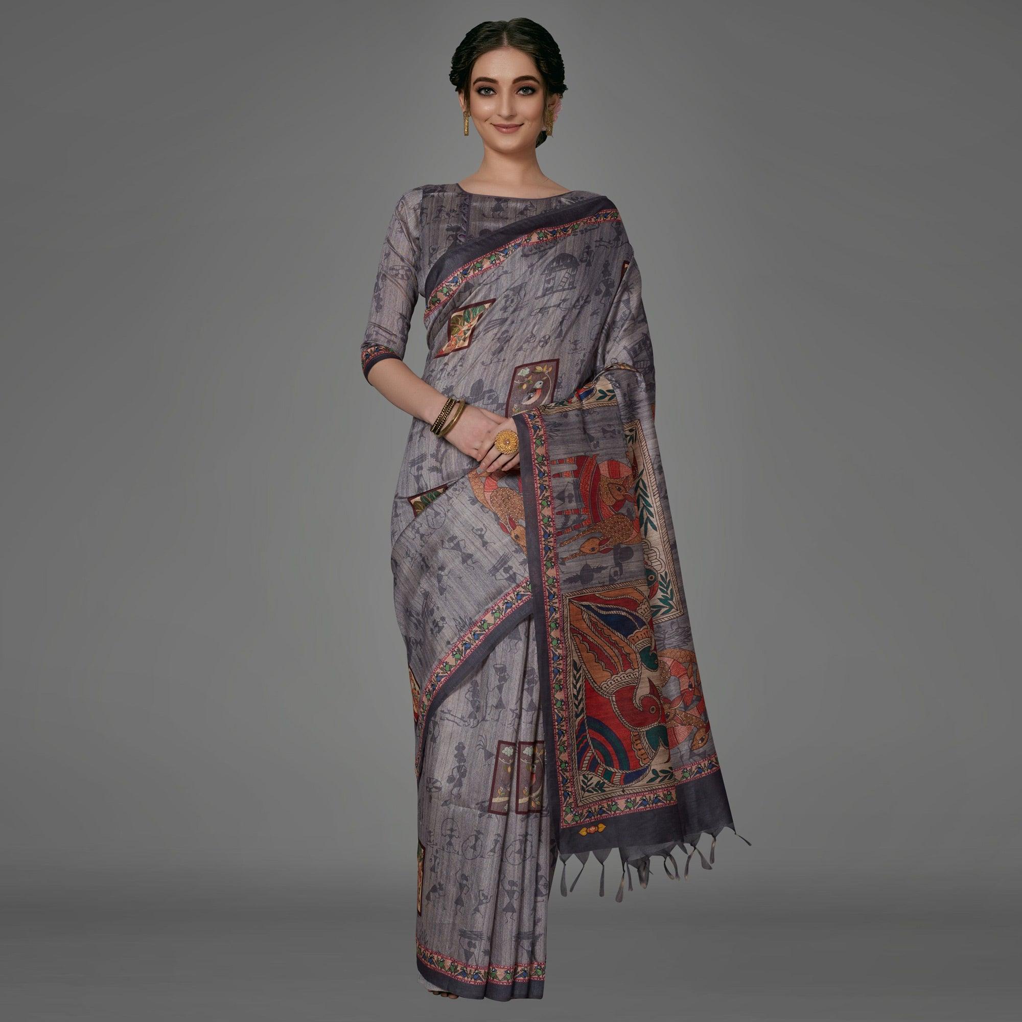 Grey Casual Art Silk Printed Saree With Unstitched Blouse - Peachmode