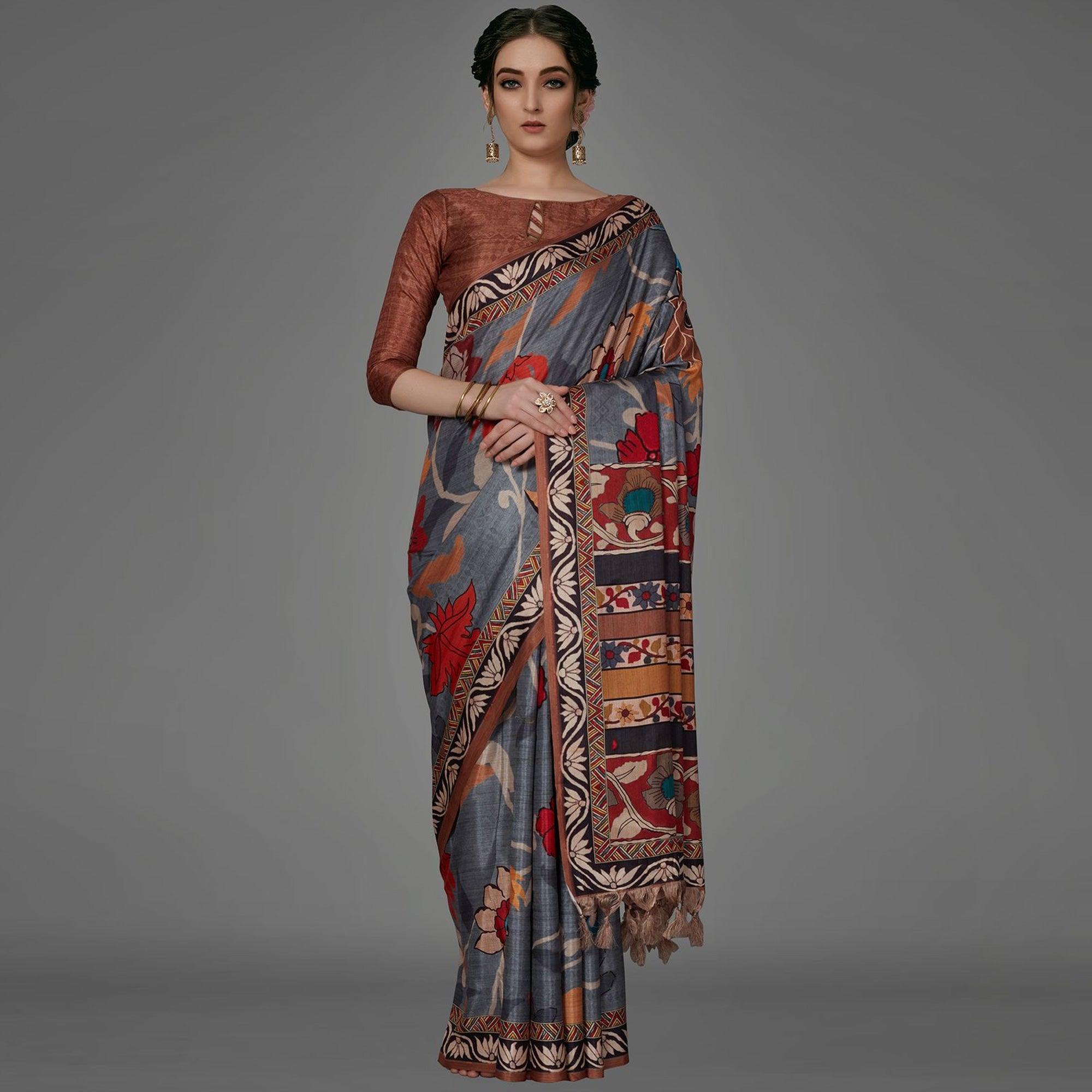 Grey Casual Art Silk Printed Saree With Unstitched Blouse - Peachmode