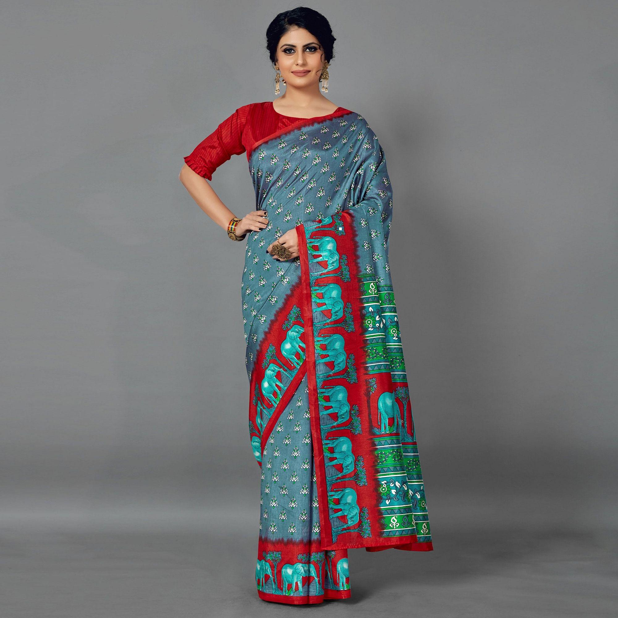 Grey Casual Art Silk Printed Saree With Unstitched Blouse - Peachmode