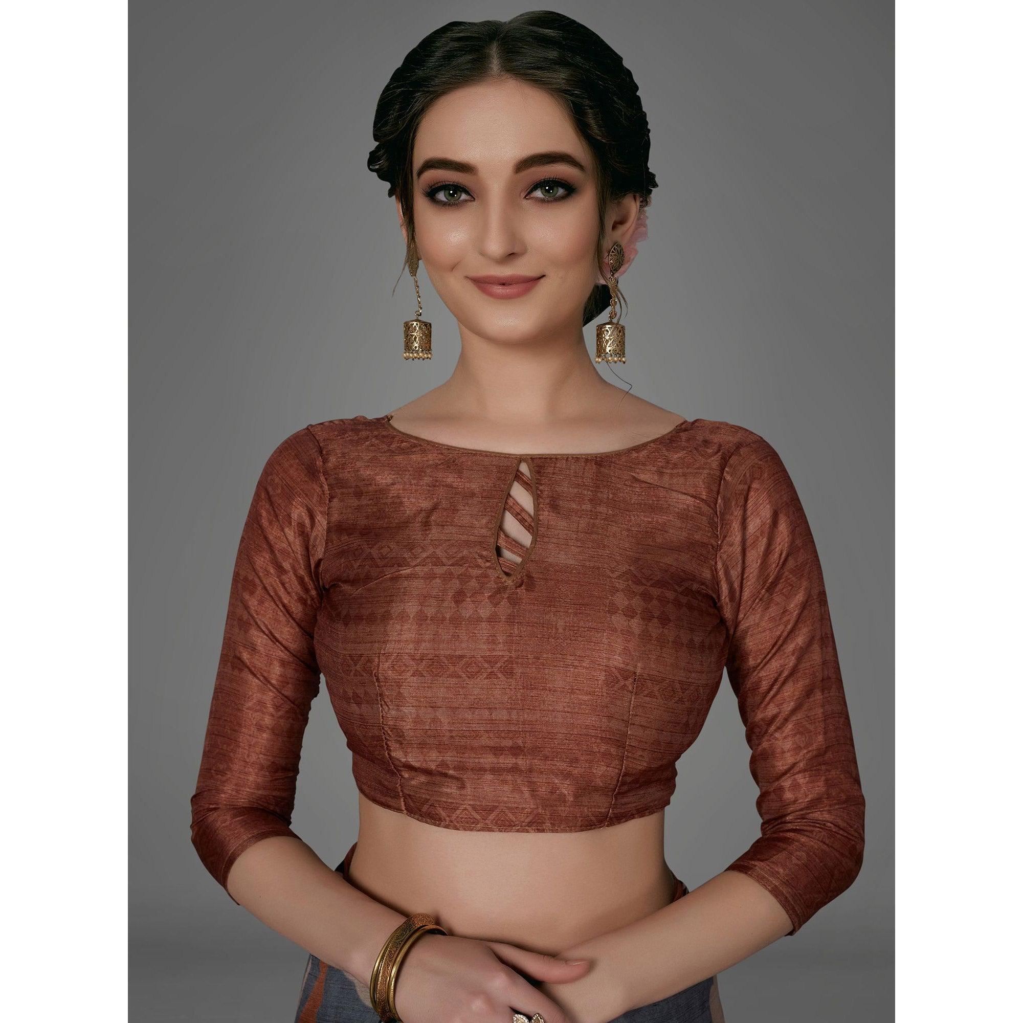 Grey Casual Art Silk Printed Saree With Unstitched Blouse - Peachmode