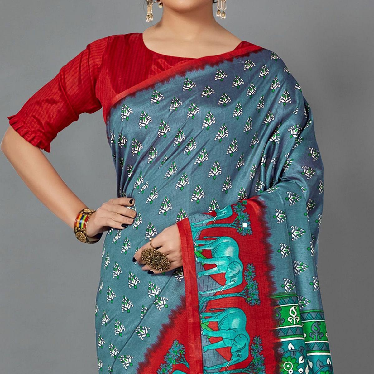 Grey Casual Art Silk Printed Saree With Unstitched Blouse - Peachmode