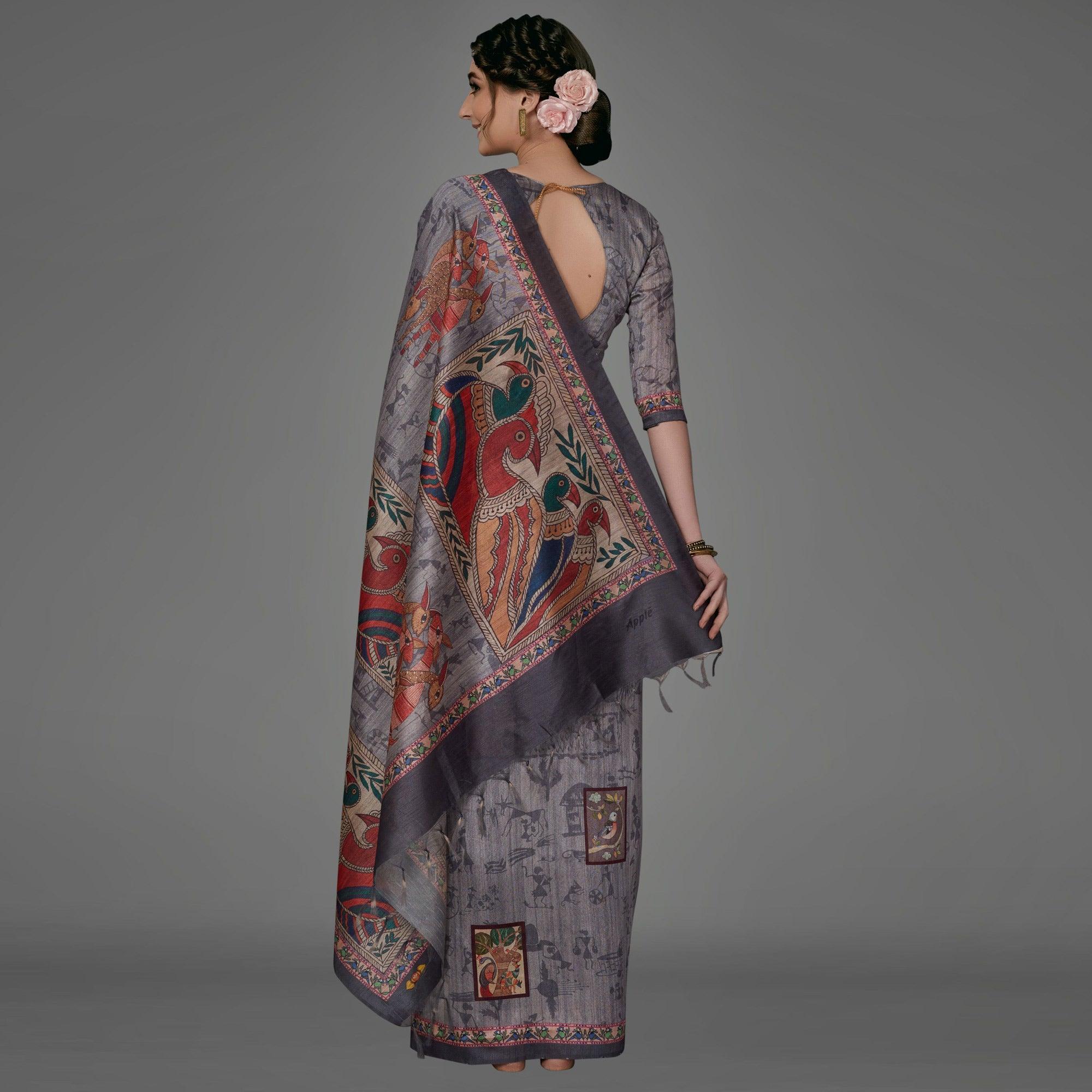 Grey Casual Art Silk Printed Saree With Unstitched Blouse - Peachmode