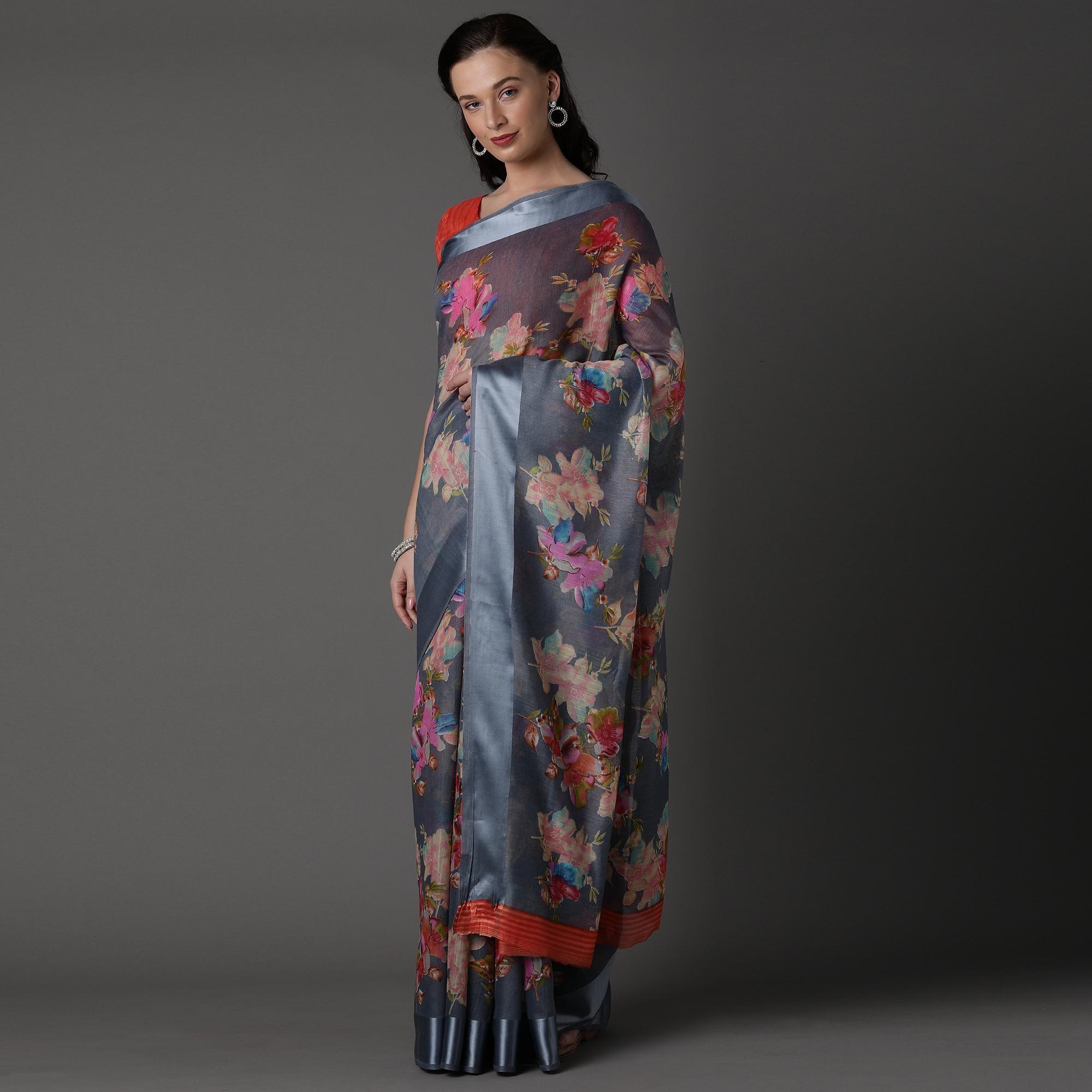 Grey Casual Cotton Silk with Satin Patta Printed Saree With Unstitched Blouse - Peachmode
