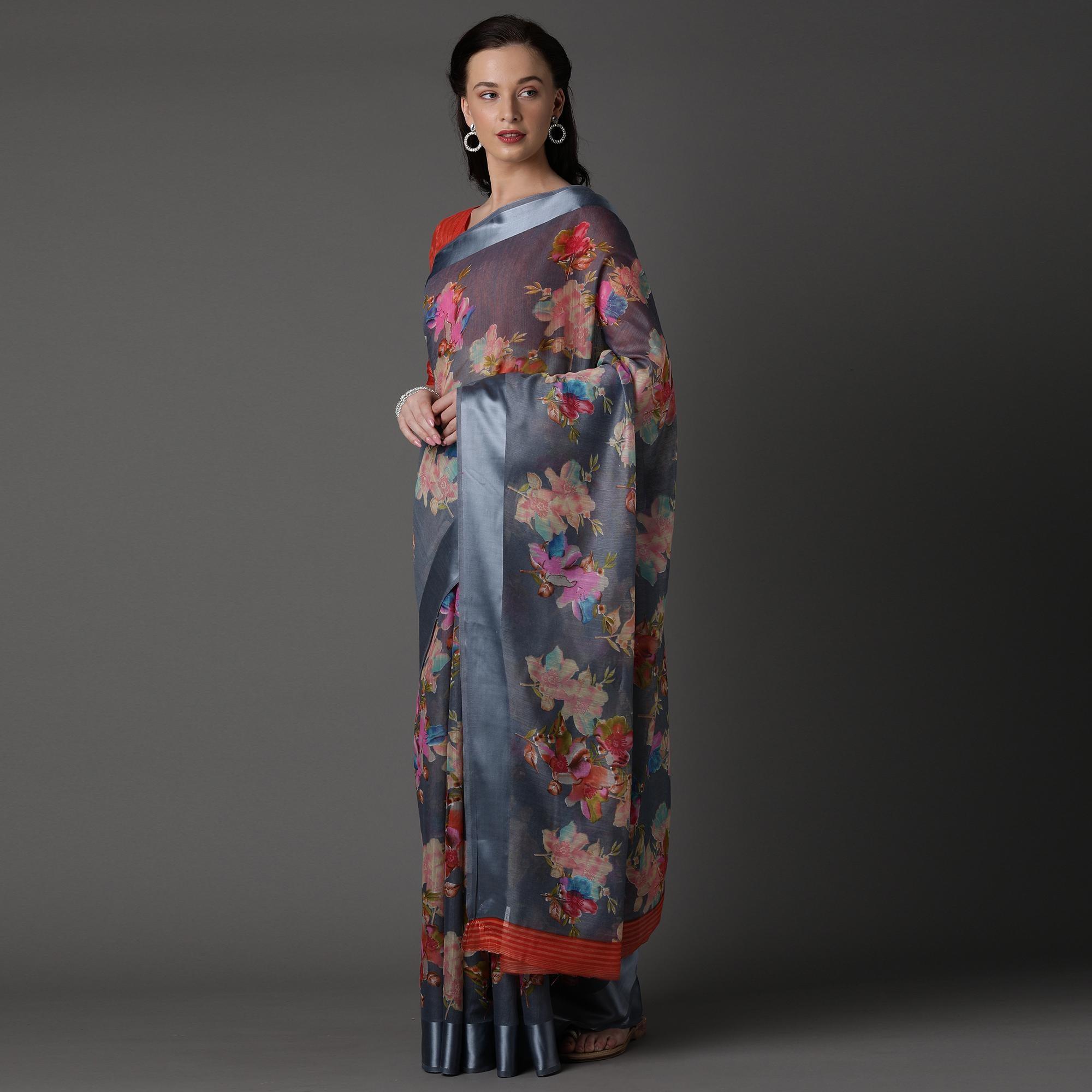 Grey Casual Cotton Silk with Satin Patta Printed Saree With Unstitched Blouse - Peachmode