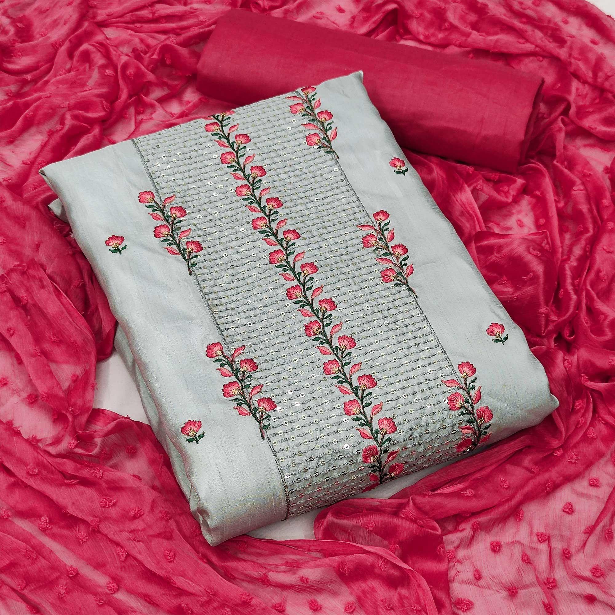 Grey Casual Floral Embroidered Silk Dress Material - Peachmode