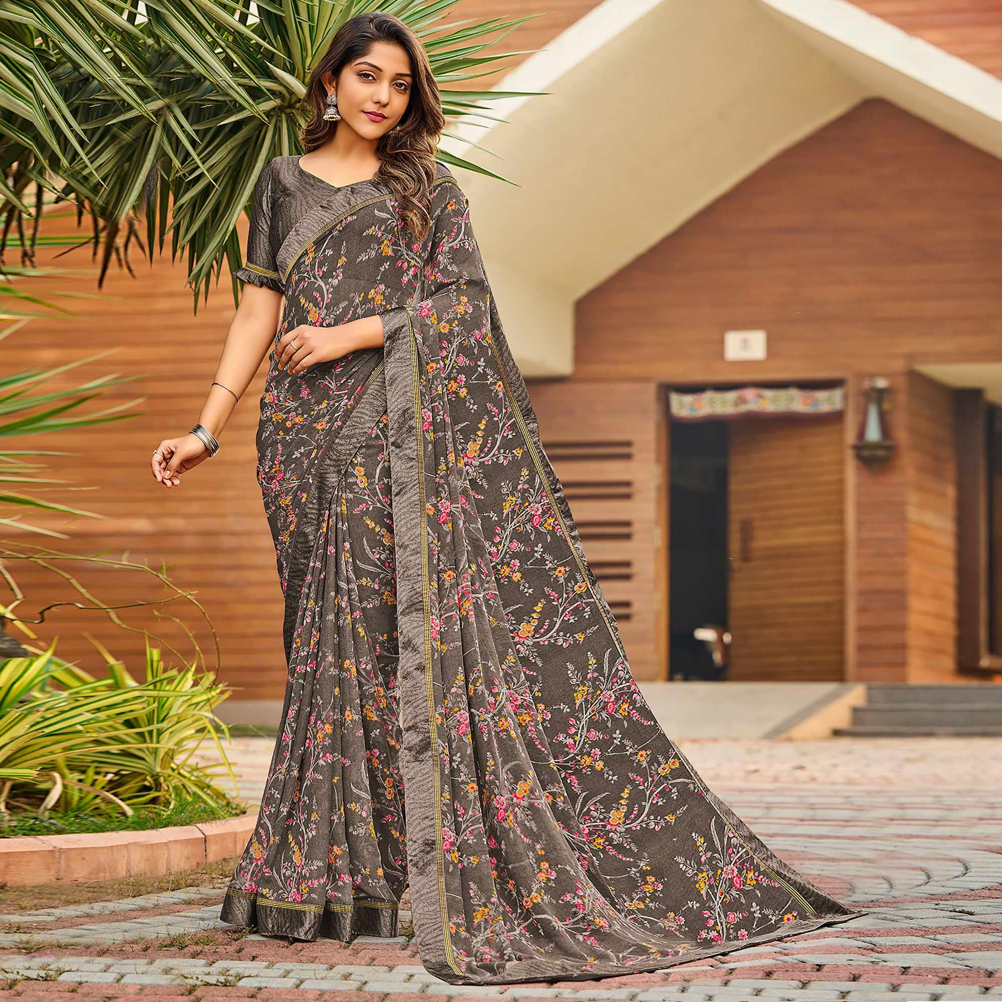 Grey Casual Floral Printed Georgette Saree - Peachmode