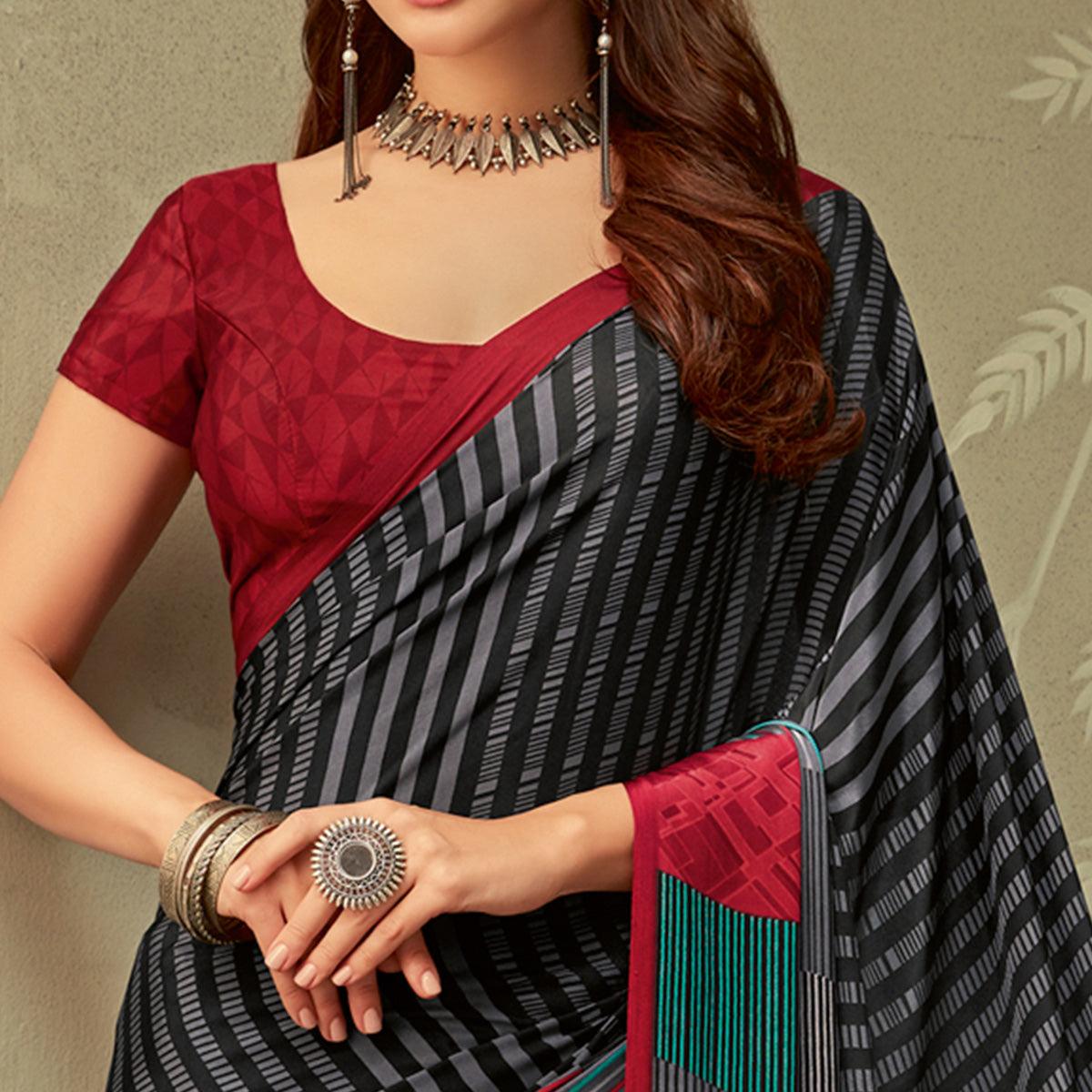 Grey Casual Printed Crepe Saree - Peachmode