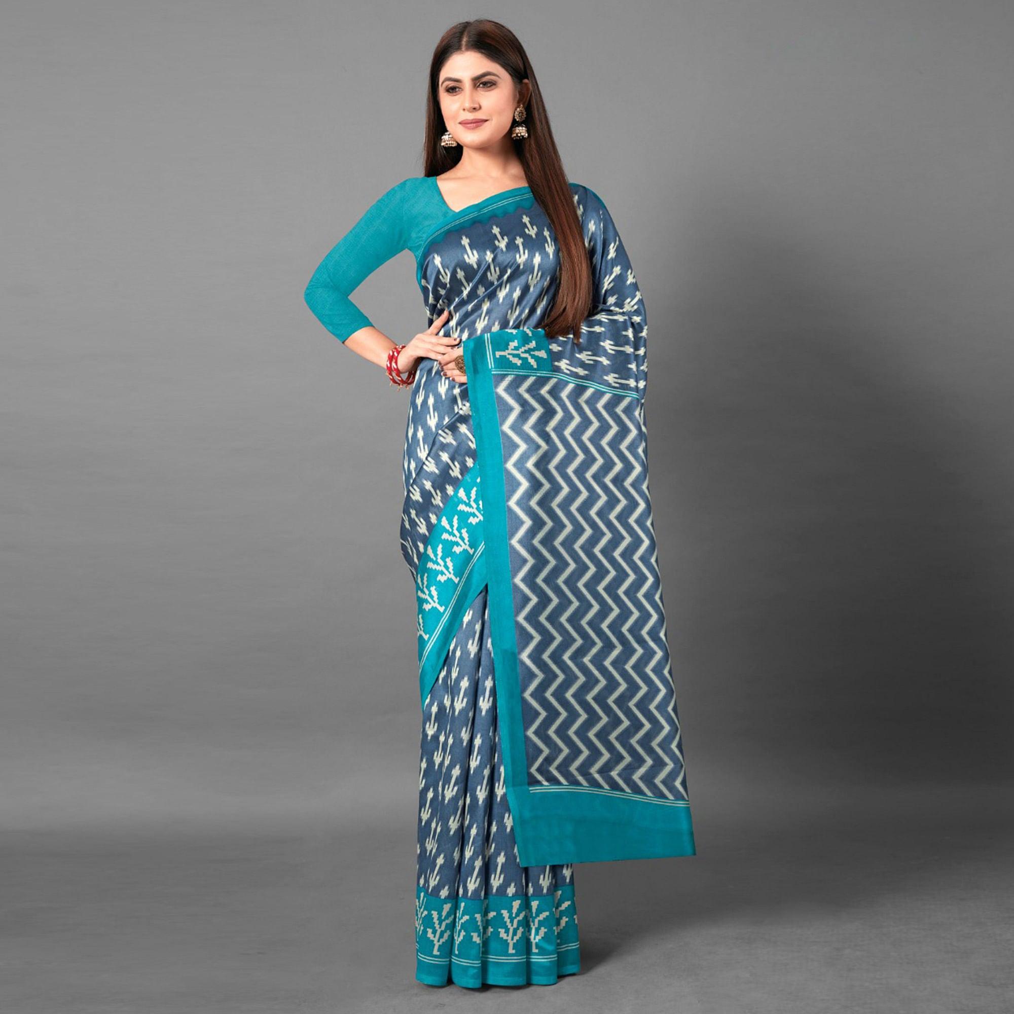 Grey Casual Wear Abstract Art Silk Saree - Peachmode