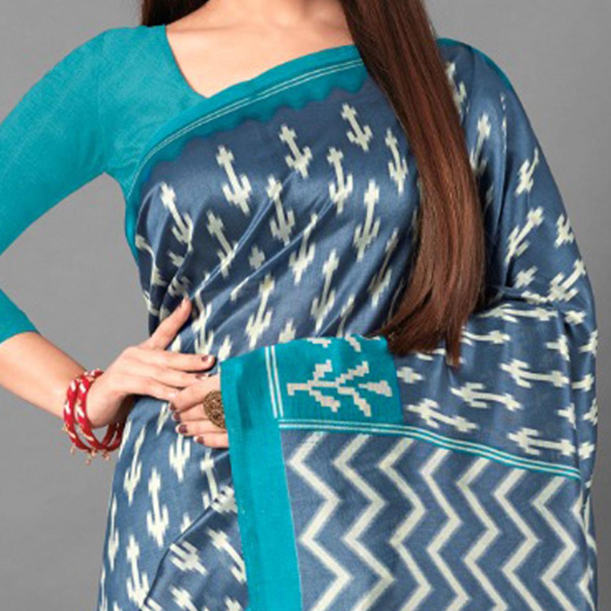 Grey Casual Wear Abstract Art Silk Saree - Peachmode