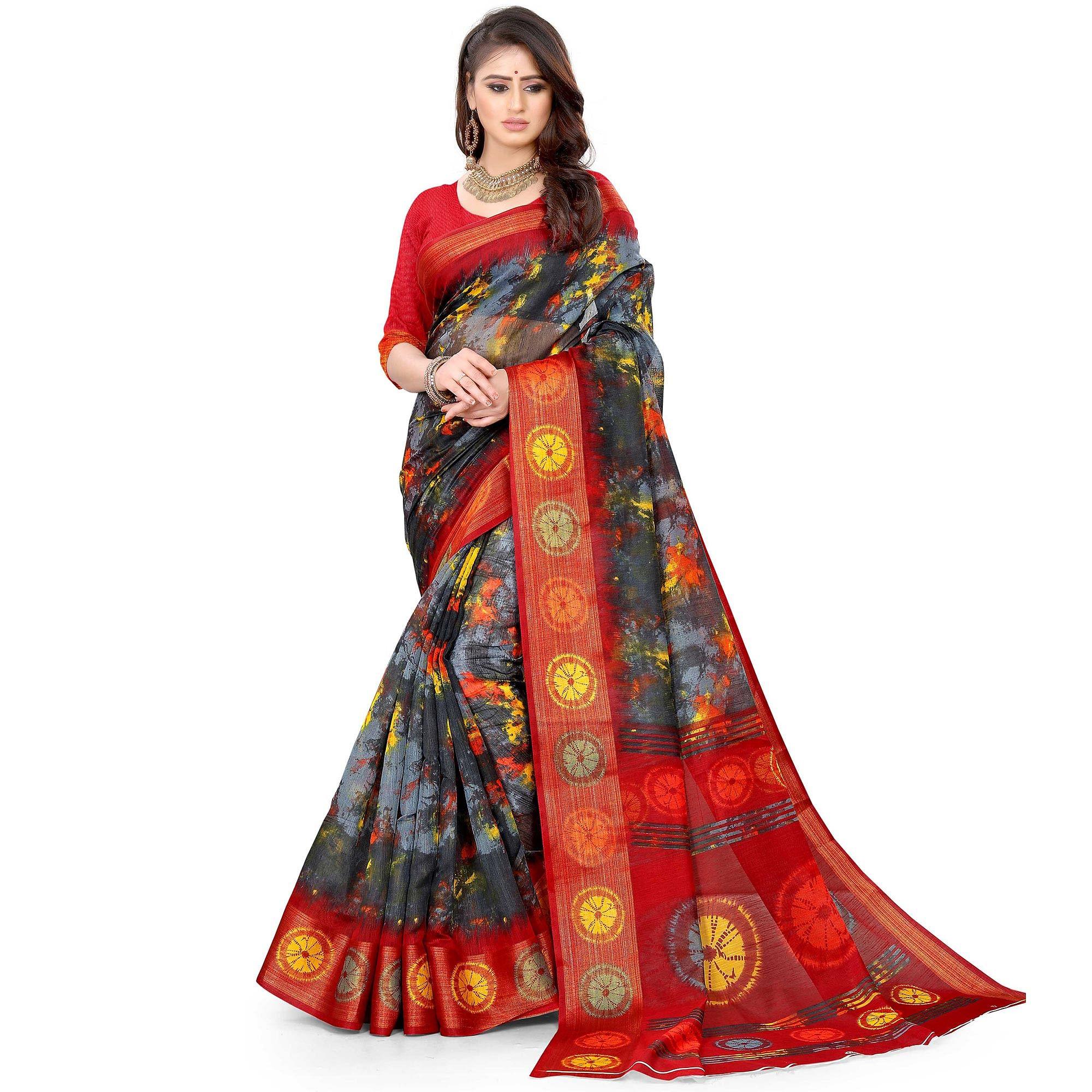 Grey Casual Wear Abstract Printed Cotton Linen Saree - Peachmode