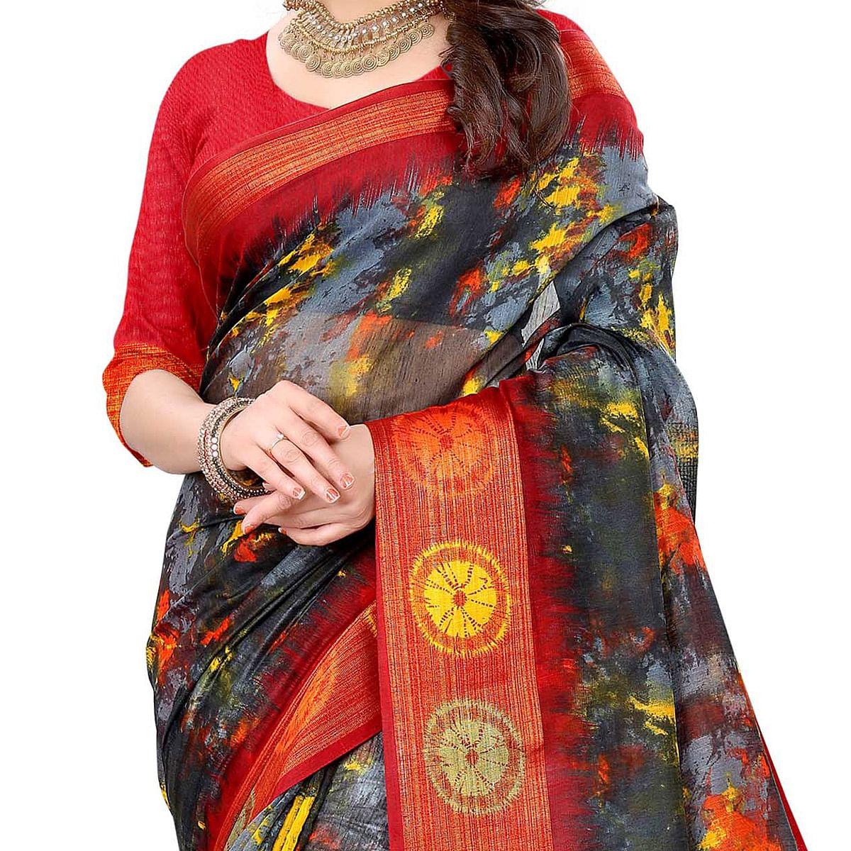 Grey Casual Wear Abstract Printed Cotton Linen Saree - Peachmode