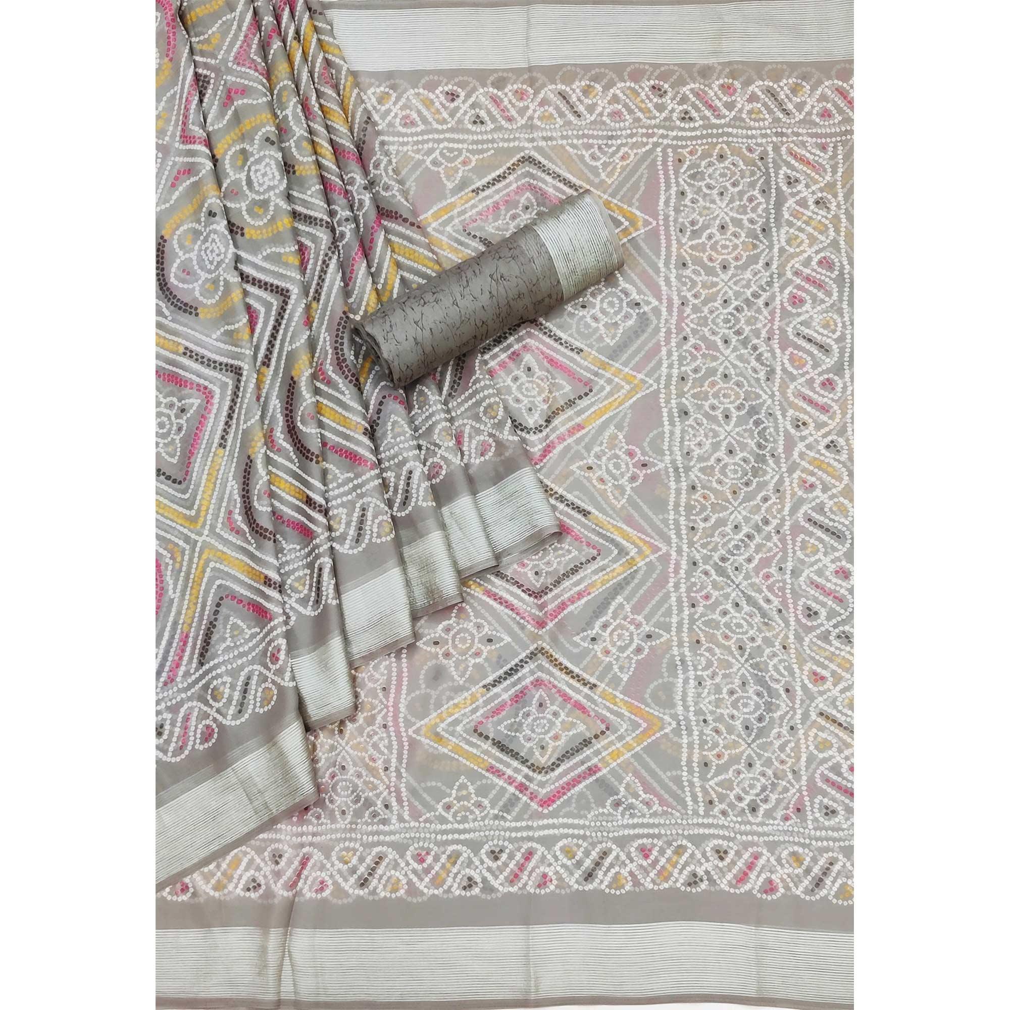 Grey Casual Wear Bandhani Printed Chiffon Saree - Peachmode