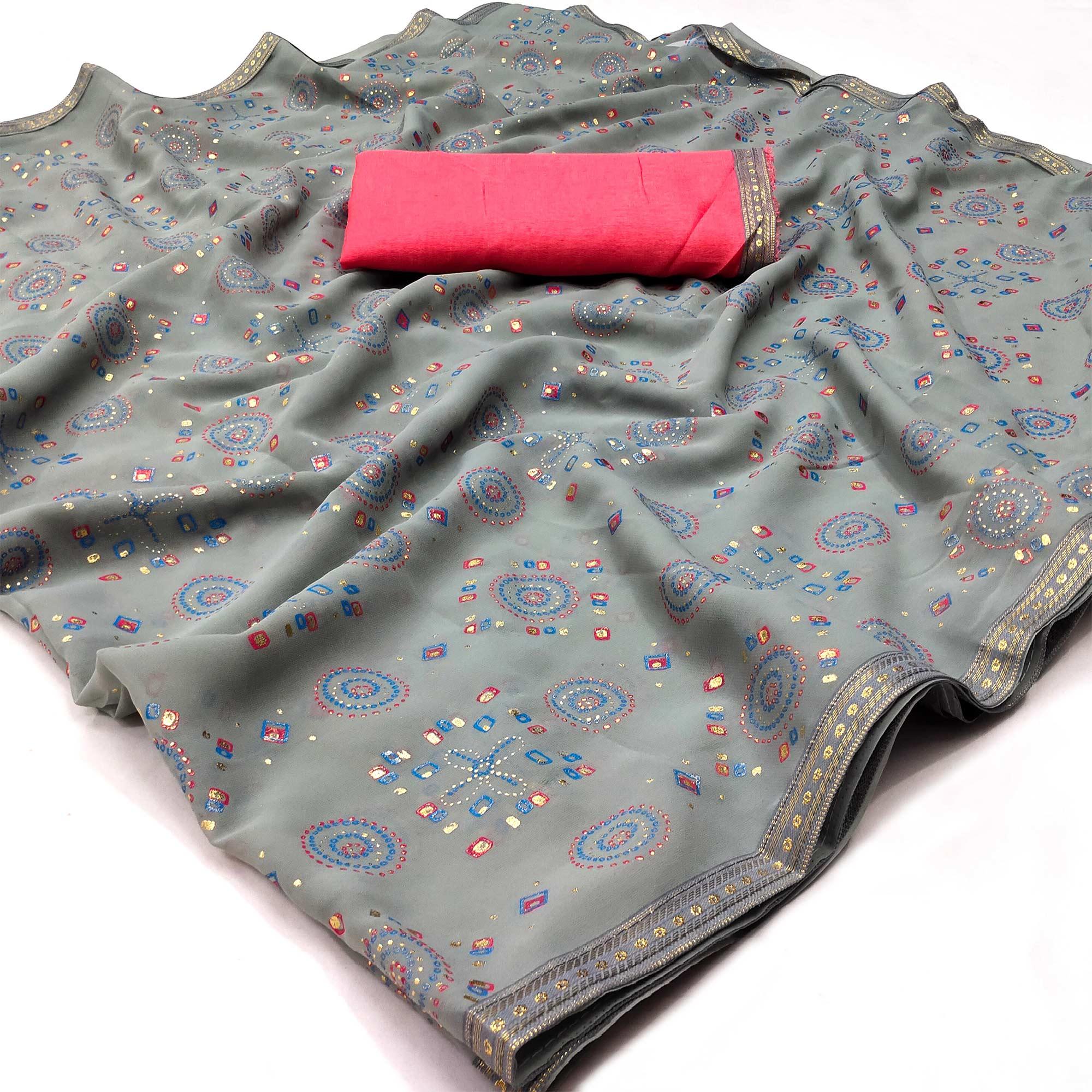 Grey Casual Wear Block Printed With Foil Work Georgette Saree - Peachmode