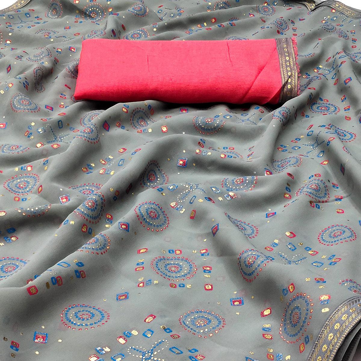 Grey Casual Wear Block Printed With Foil Work Georgette Saree - Peachmode