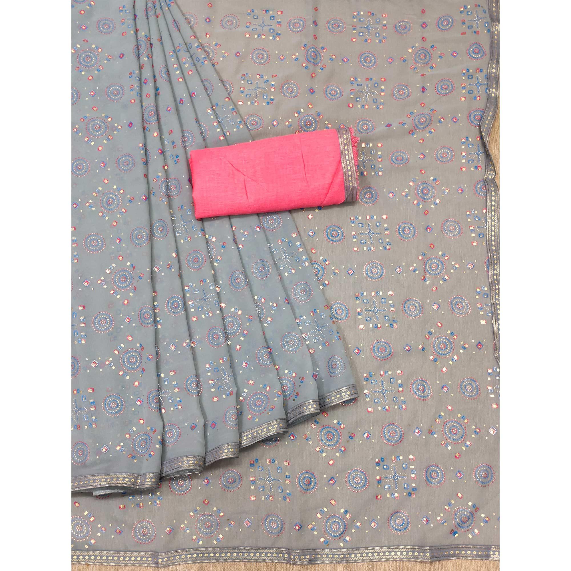 Grey Casual Wear Block Printed With Foil Work Georgette Saree - Peachmode