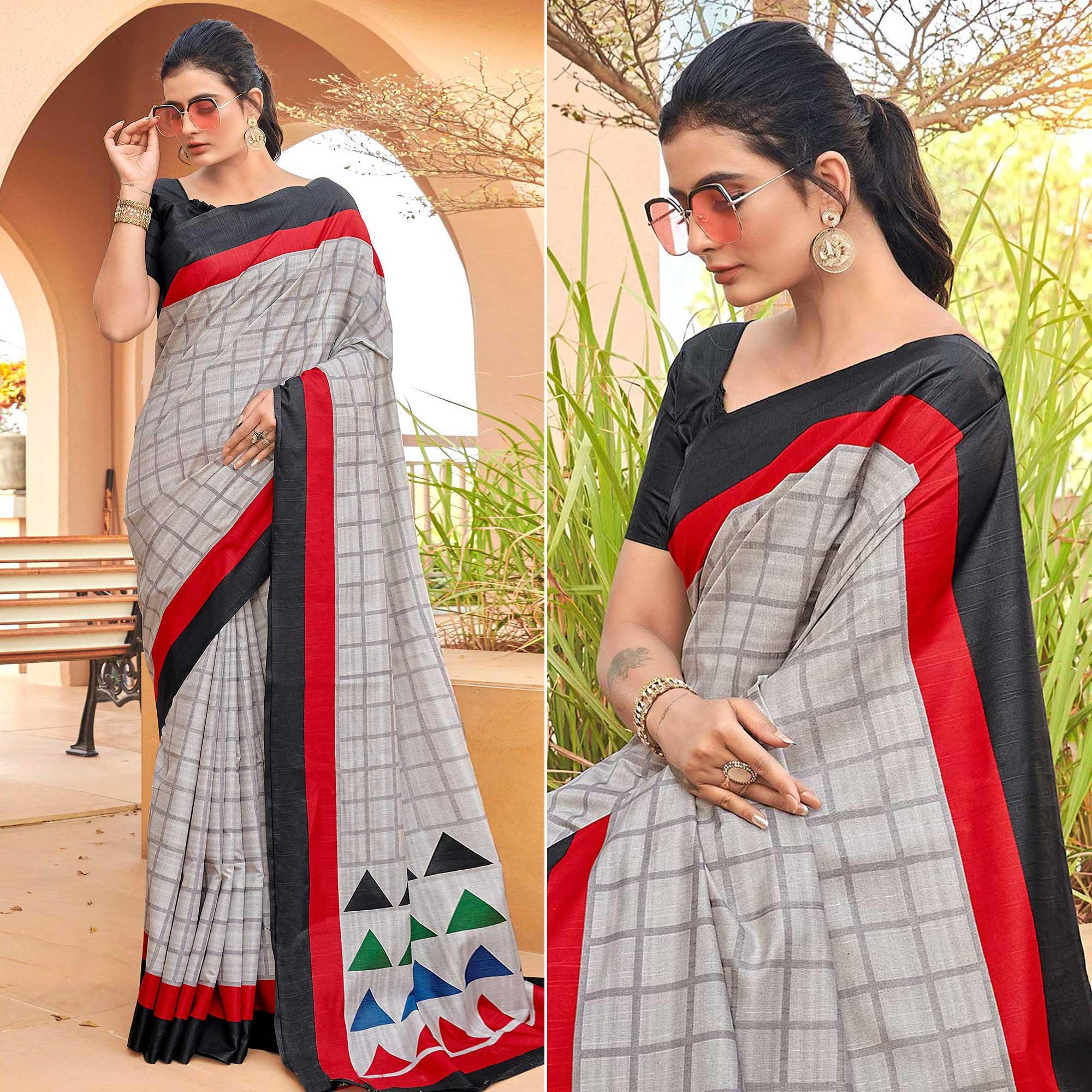 Grey Casual Wear Checks Printed Bhagalpuri Silk Saree - Peachmode