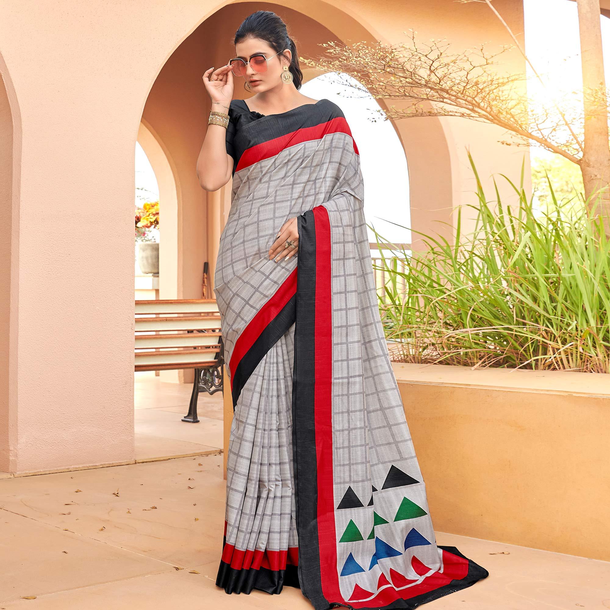 Grey Casual Wear Checks Printed Bhagalpuri Silk Saree - Peachmode