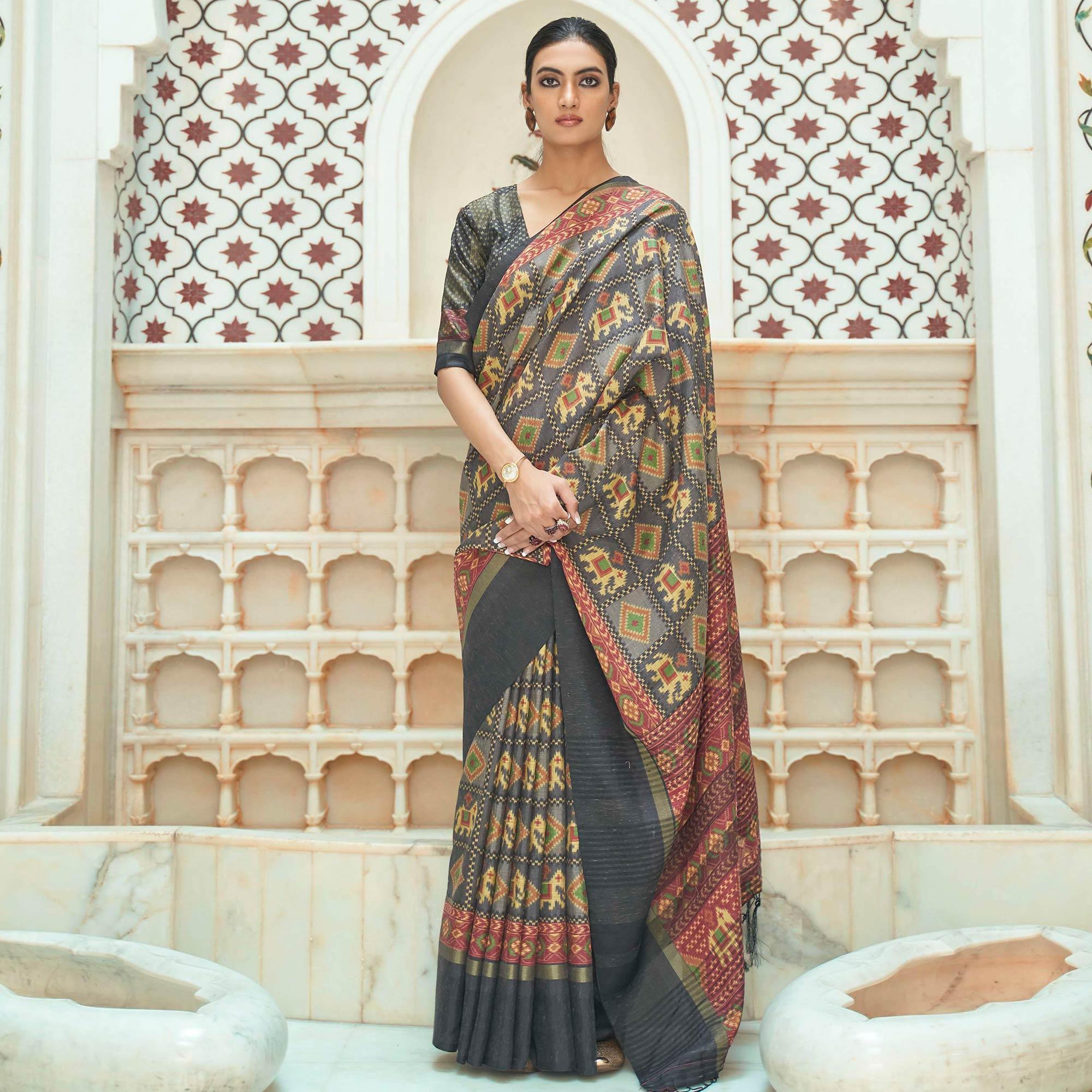 Grey Casual Wear Digital Printed Assam Silk Saree - Peachmode