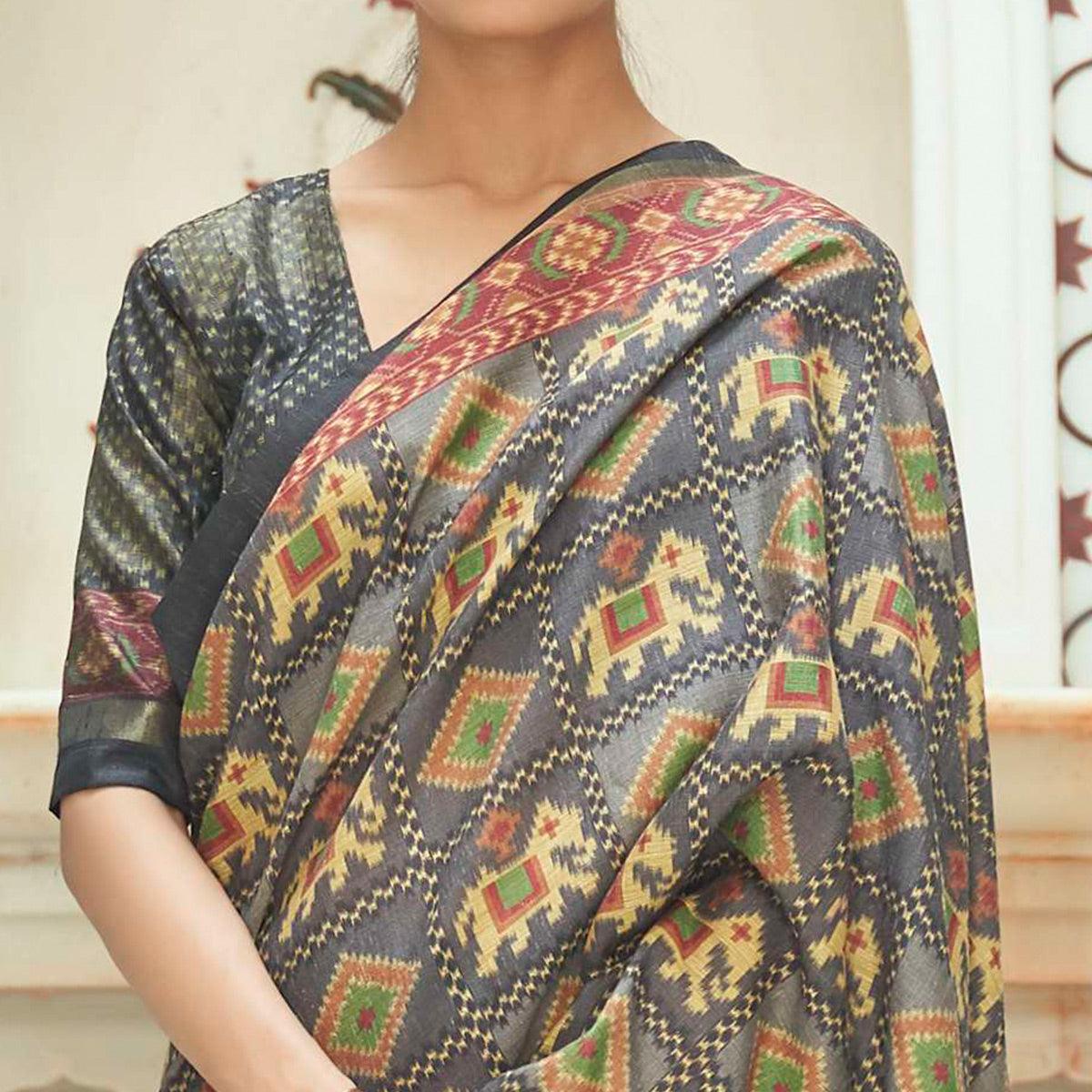 Grey Casual Wear Digital Printed Assam Silk Saree - Peachmode
