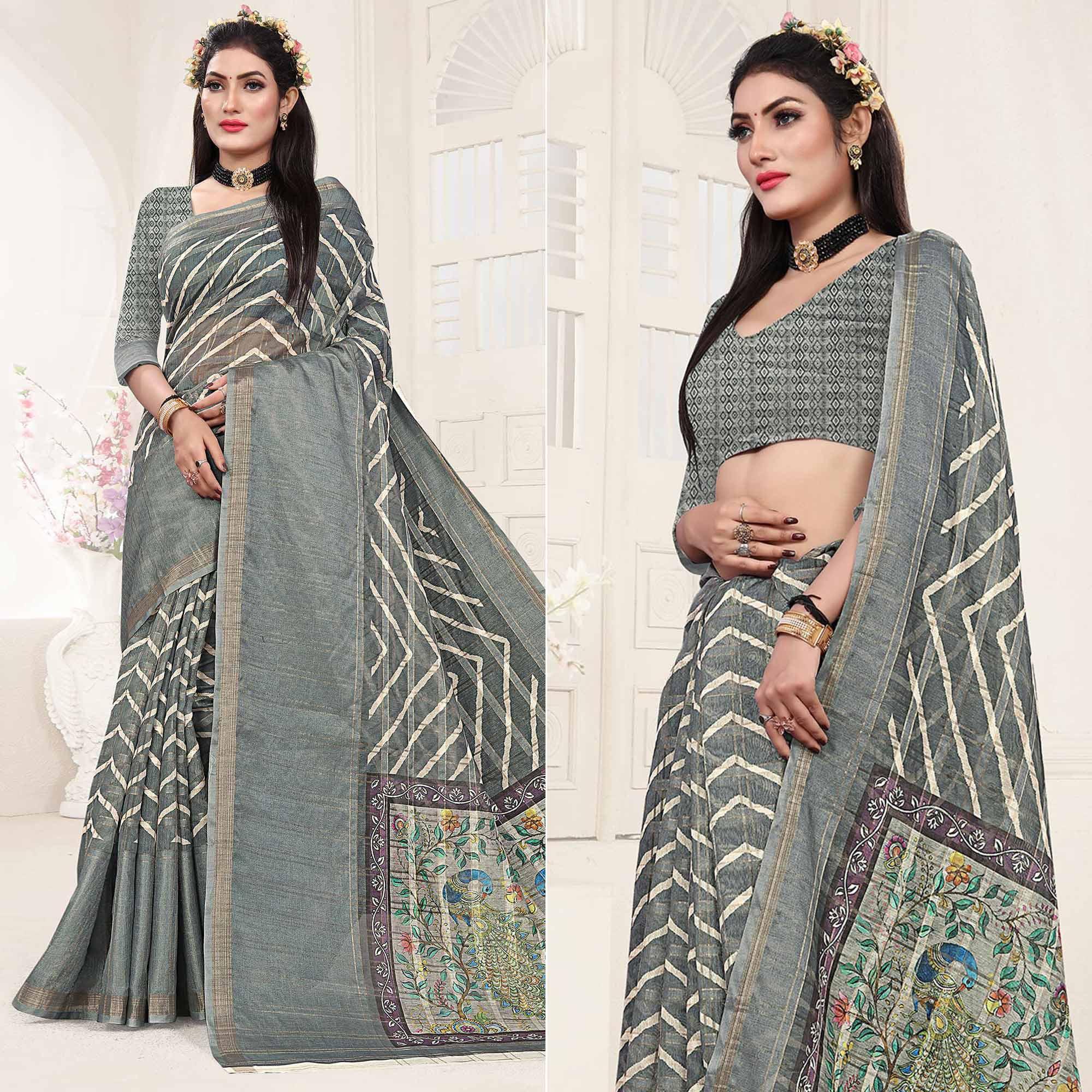 Grey Casual Wear Digital Printed Cotton Silk Saree - Peachmode