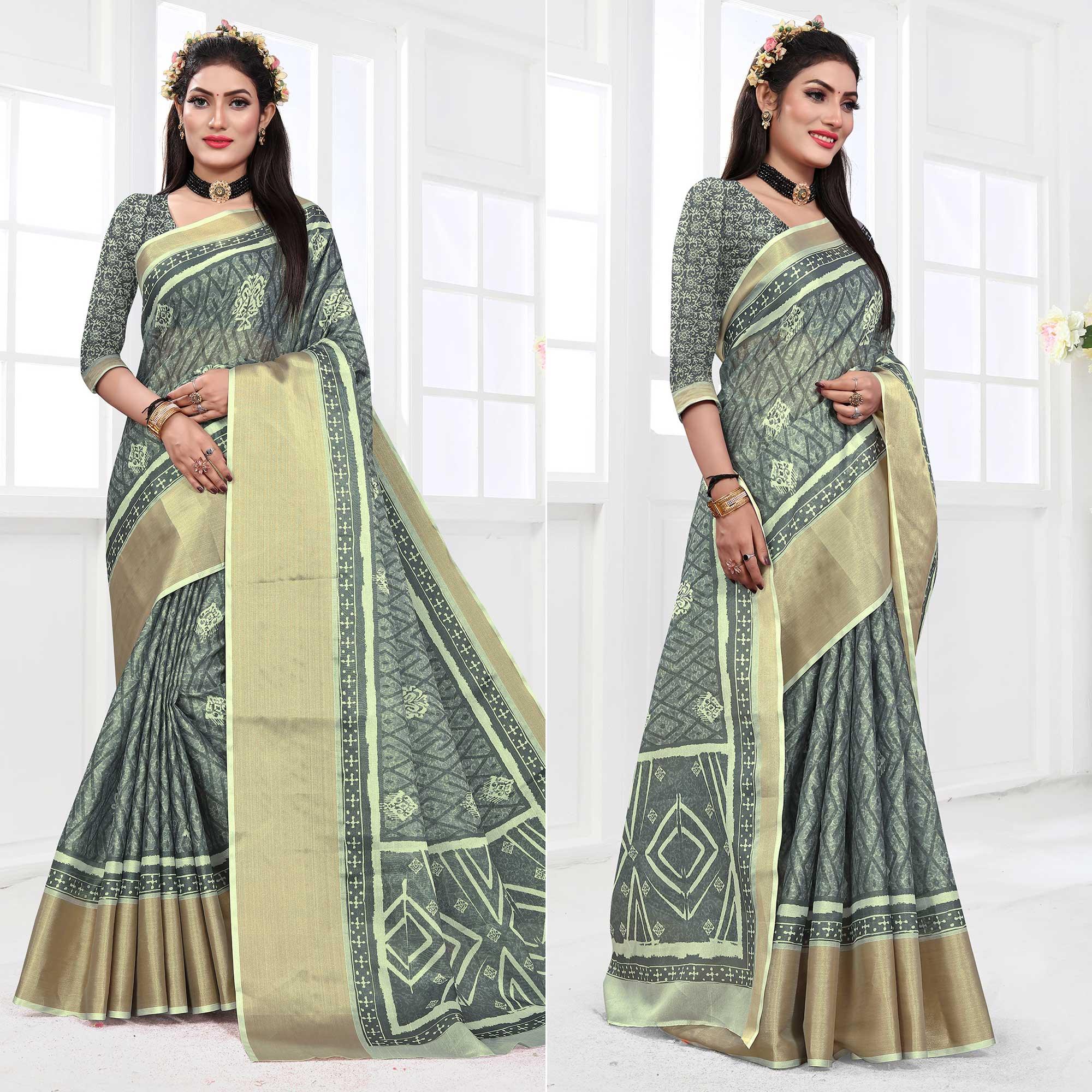 Grey Casual Wear Digital Printed Cotton Silk Saree - Peachmode