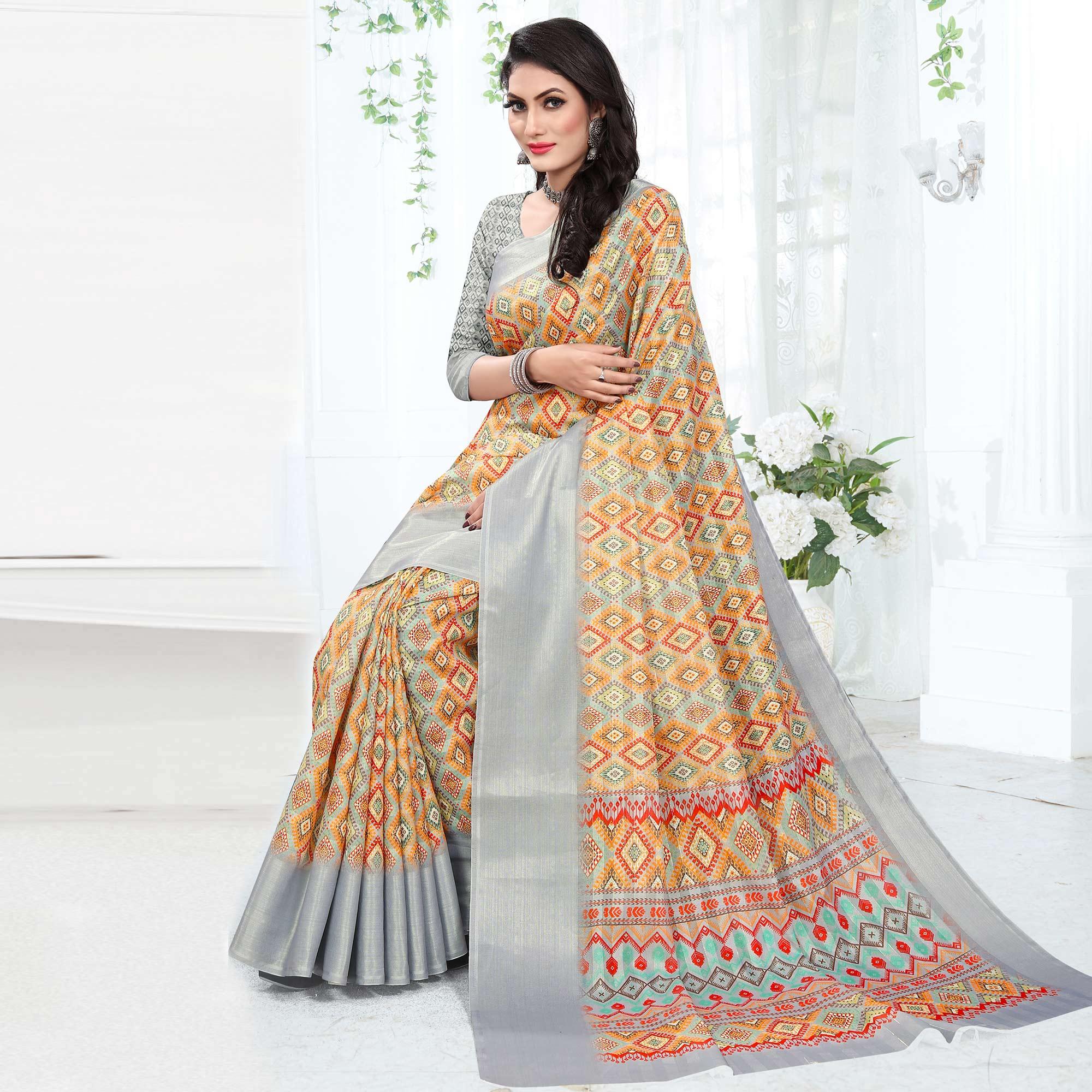 Grey Casual Wear Digital Printed Cotton Silk Saree - Peachmode