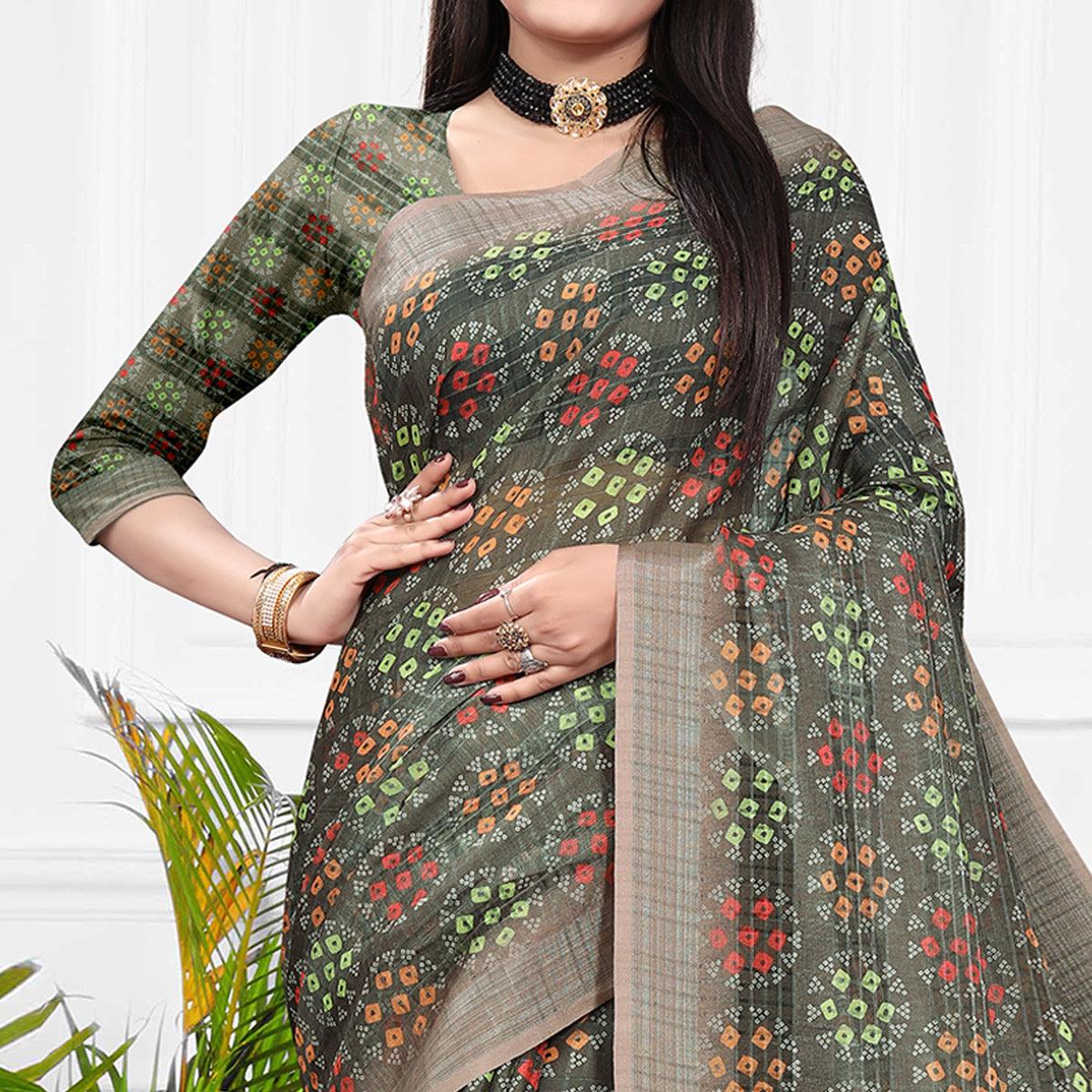 Grey Casual Wear Digital Printed Cotton Silk Saree - Peachmode