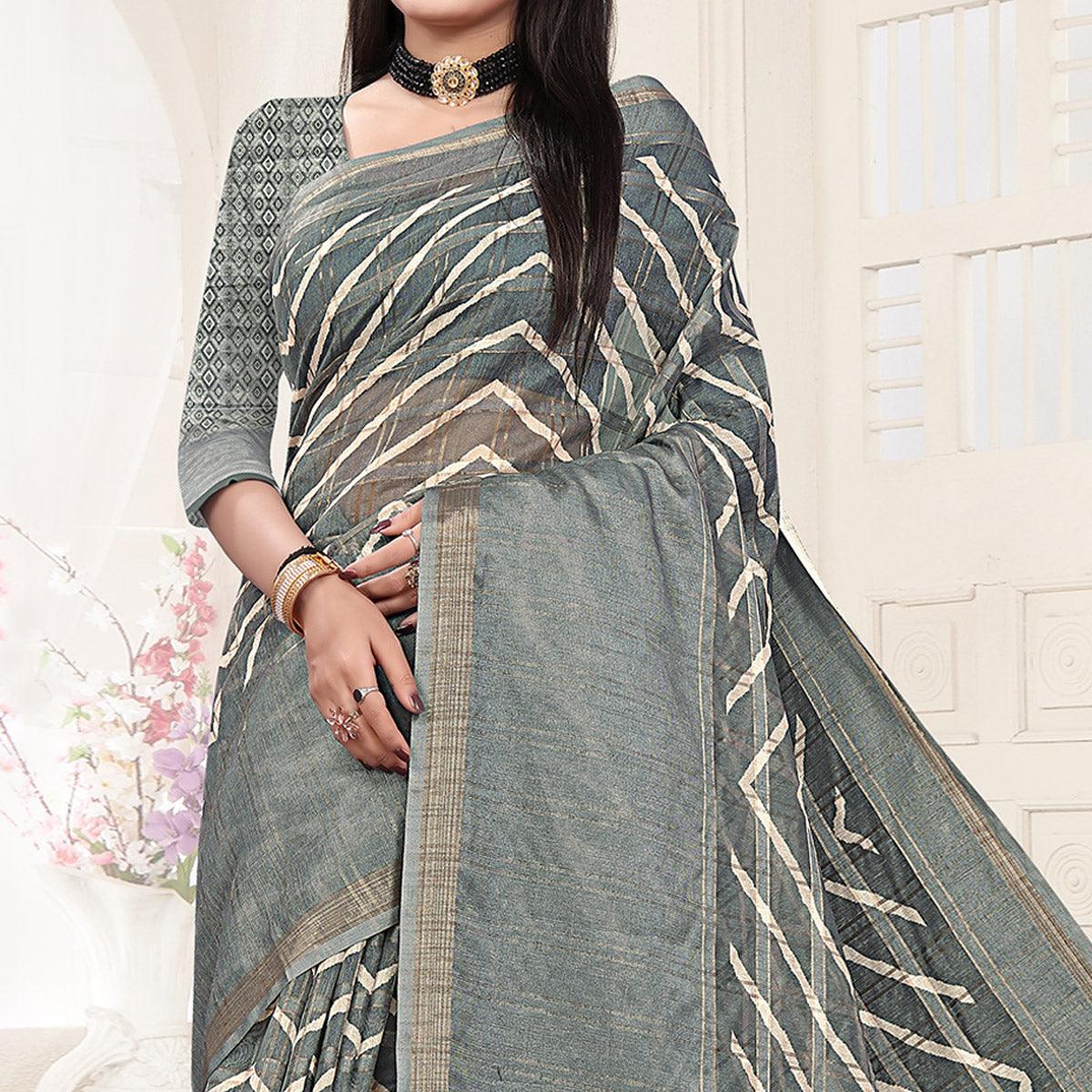 Grey Casual Wear Digital Printed Cotton Silk Saree - Peachmode