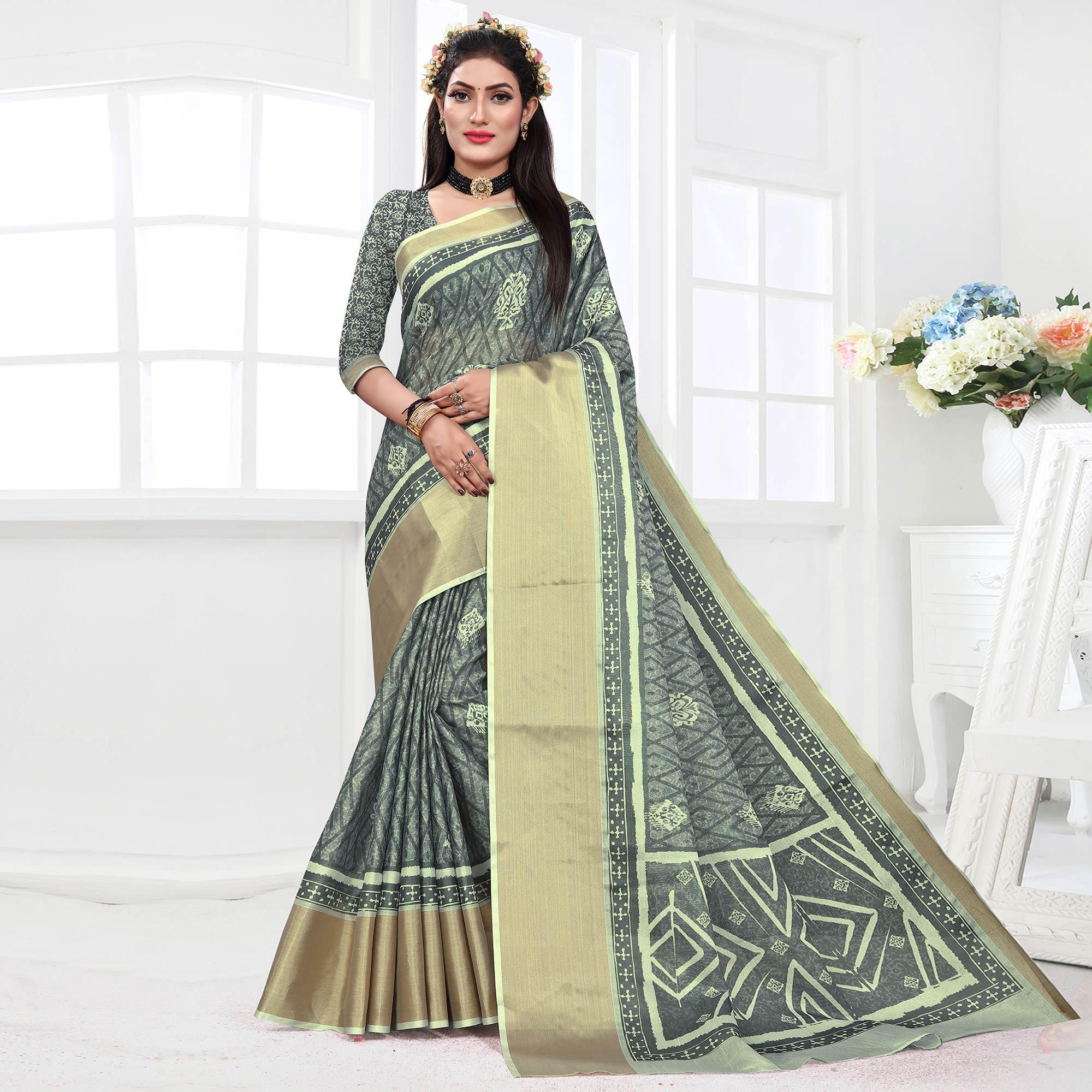 Grey Casual Wear Digital Printed Cotton Silk Saree - Peachmode