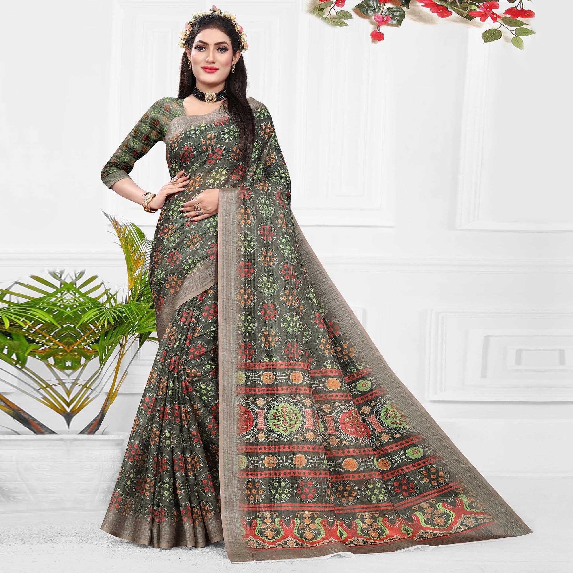 Grey Casual Wear Digital Printed Cotton Silk Saree - Peachmode