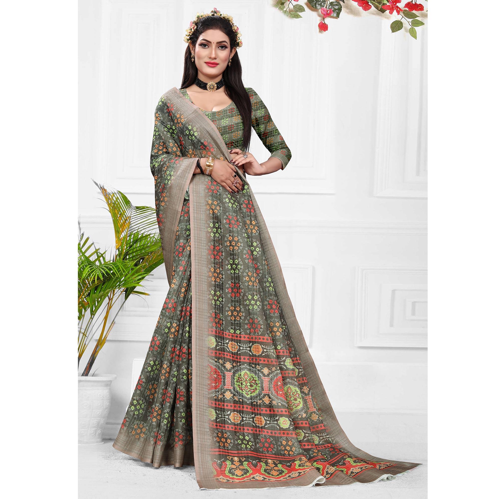 Grey Casual Wear Digital Printed Cotton Silk Saree - Peachmode