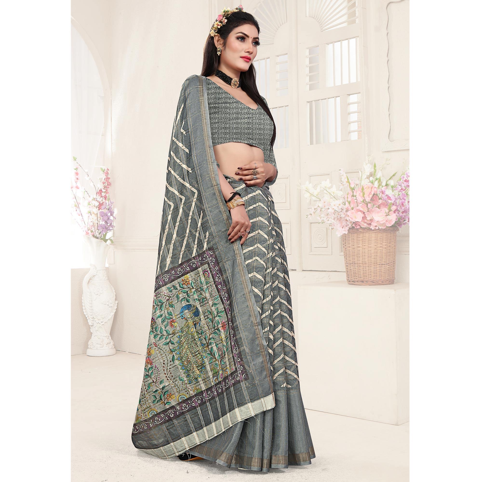 Grey Casual Wear Digital Printed Cotton Silk Saree - Peachmode