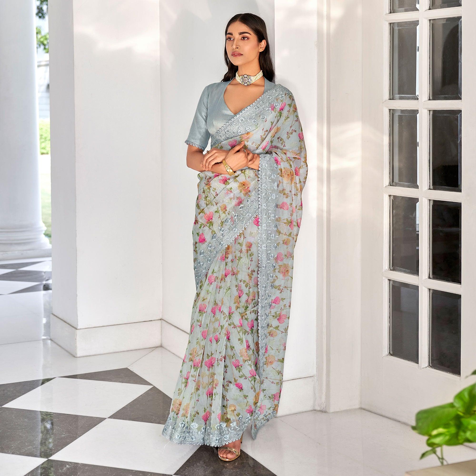Grey Casual Wear Digital Printed Organza Saree - Peachmode