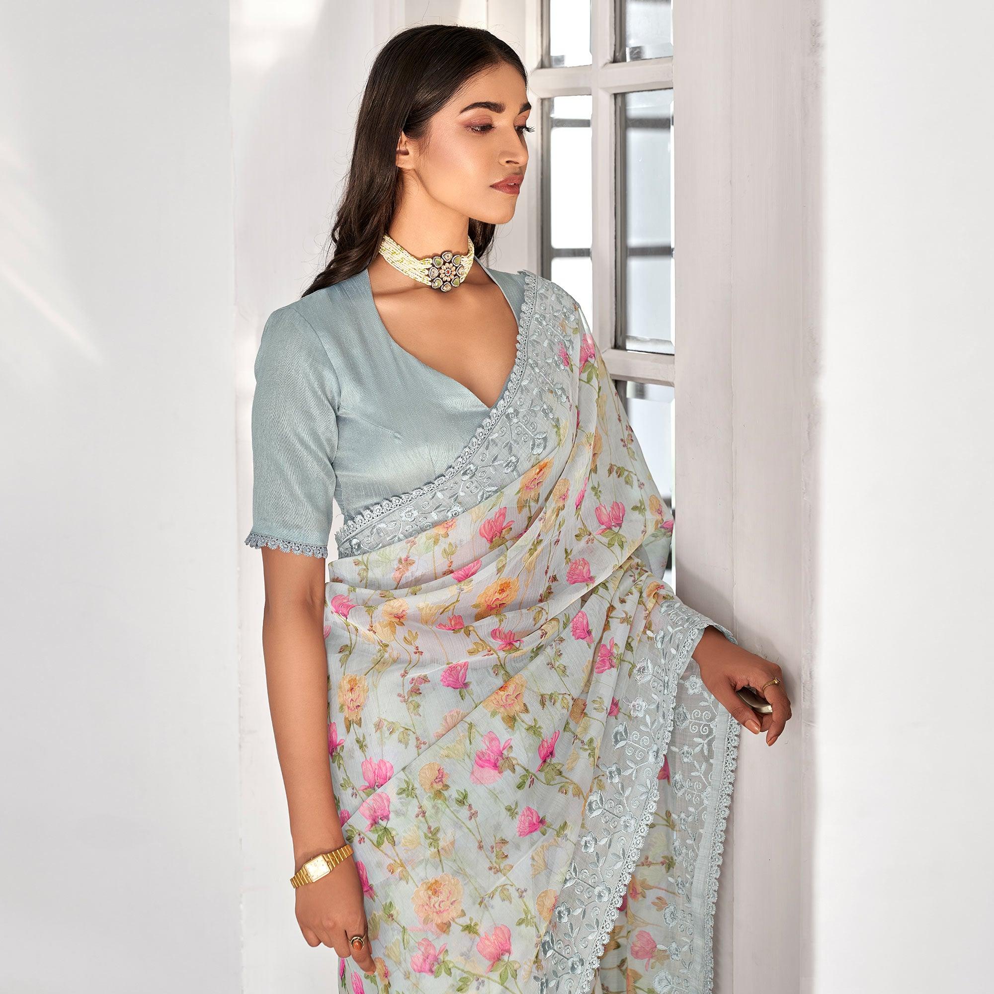 Grey Casual Wear Digital Printed Organza Saree - Peachmode
